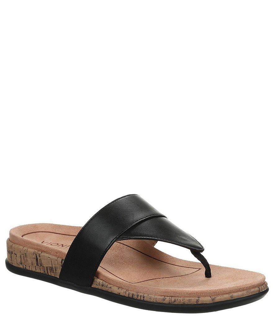 Vionic Jillian Leather Cork Wedge Thong Sandals