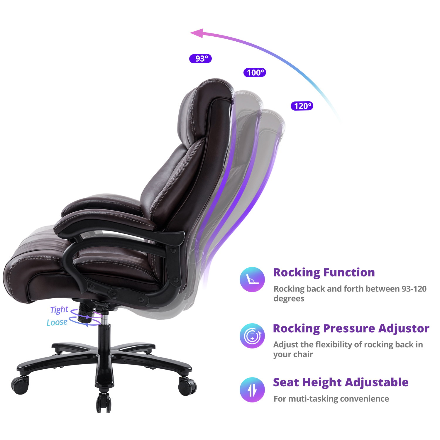 VANBOW  Big and Tall 400lb Executive Office Chair High Back Leather Heavy Duty Desk Computer Task Swivel Chairs with Adjustable Tilt Angle, Thick Padding and Ergonomic Design Lumbar Support, Brown