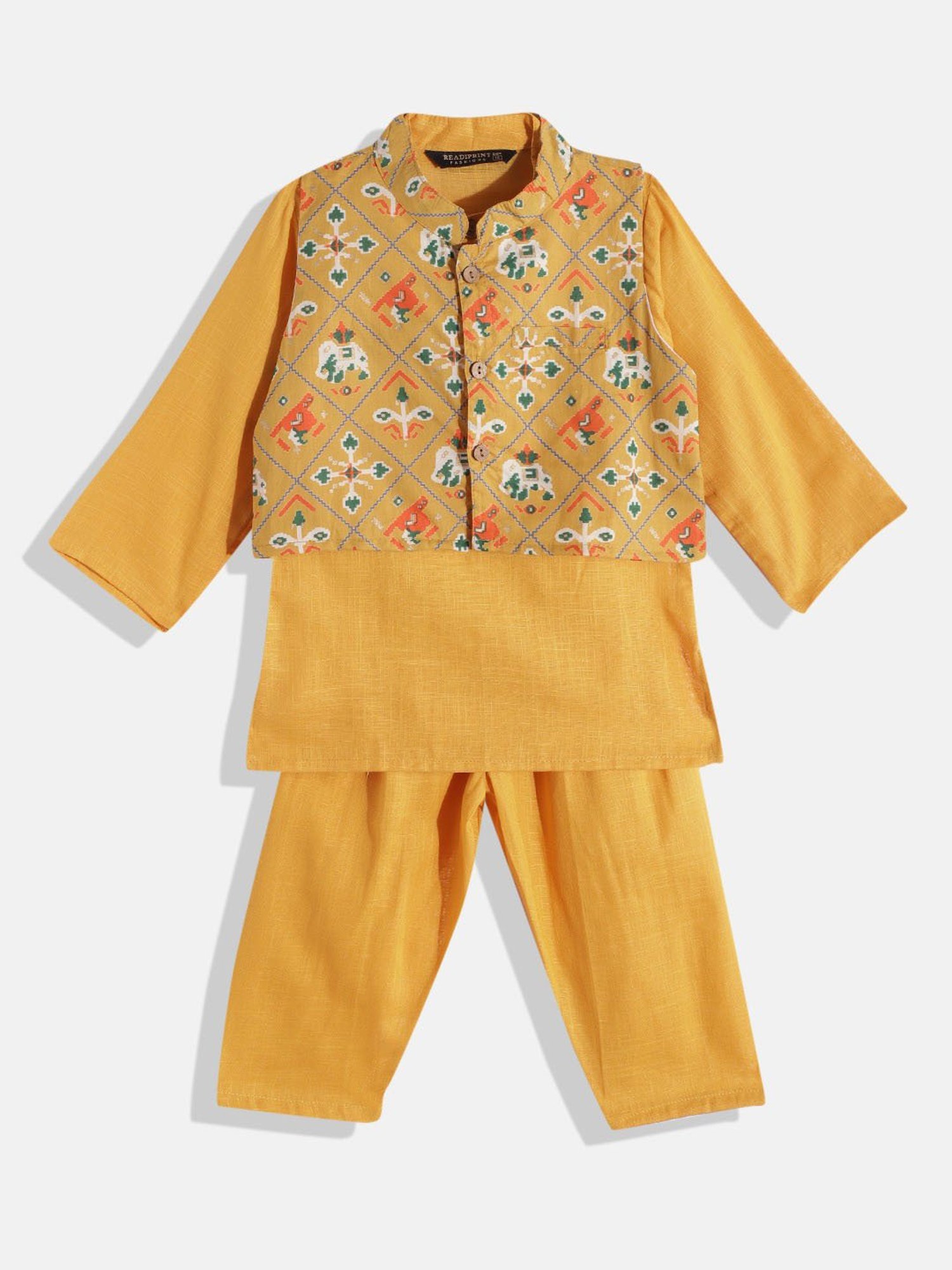 READIPRINT FASHIONS Kids Mustard Printed Full Sleeves Kurta, Nehru Jacket with Pyjamas