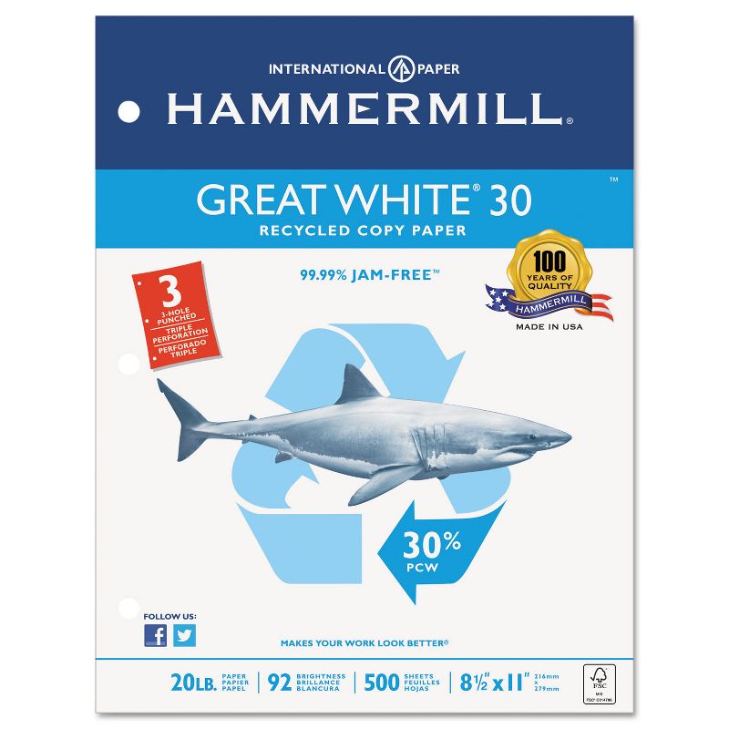Hammermill Great White Recycled Copy 3-Hole Punched 92 Brightness 20lb Letter 5000/Ctn 86702
