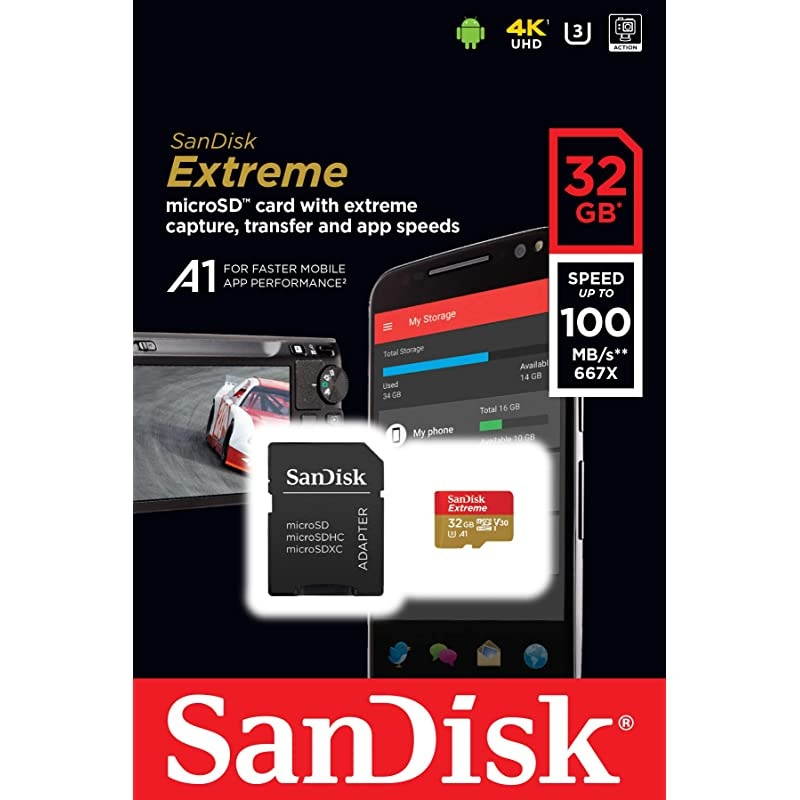 32GB Extreme microSDHC UHSI Memory Card with Adapter C10 U3 V30 4K A1 Micro SD SDSQXAF032GGN6MA