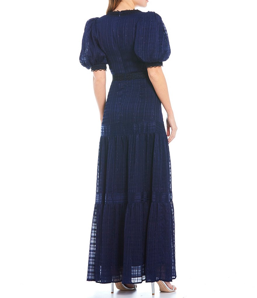 Belle Badgley Mischka Willow Lace Trim Volume Sleeve Maxi Dress