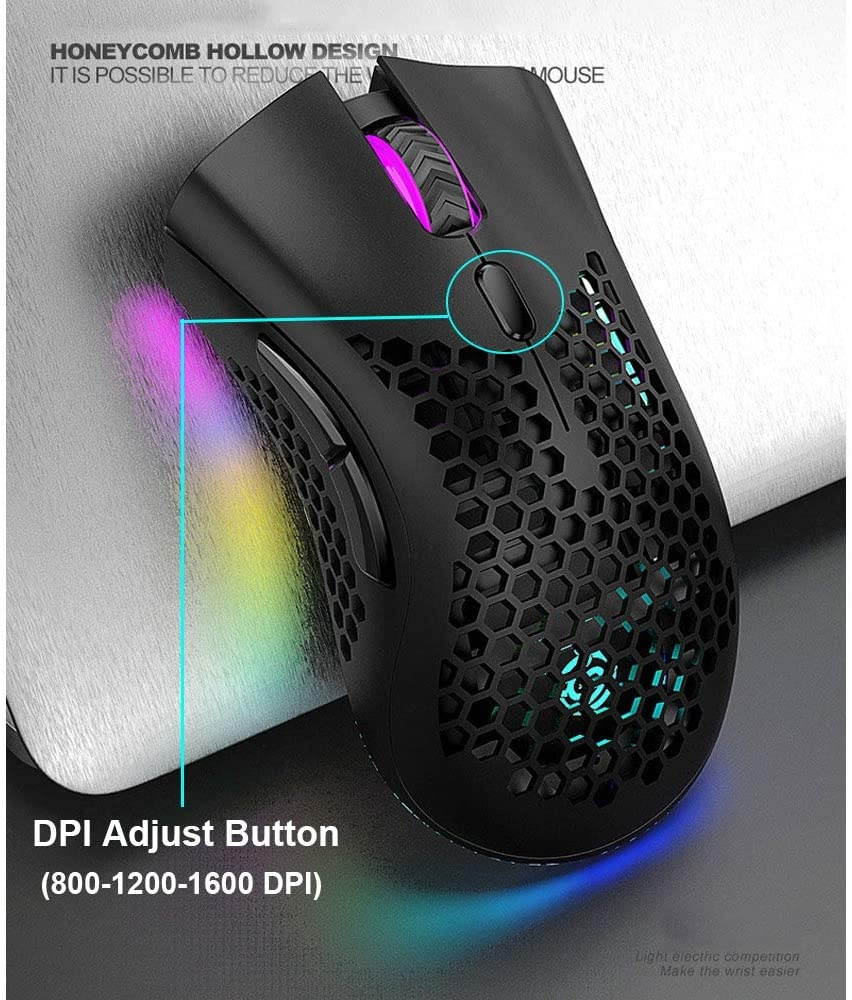 Lightweight Gaming Mouse, Honeycomb Design Rechargeable Wireless Gaming Mouse with USB Receiver RGB Backlight Computer Mouse for Laptop PC (Black)