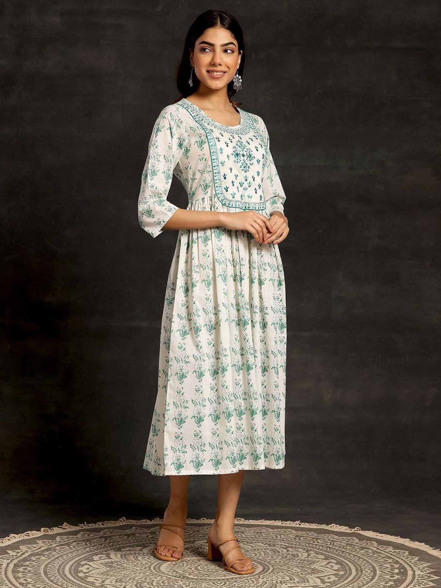 Saffron Threads Black Cotton Floral Print Ethnic Dress