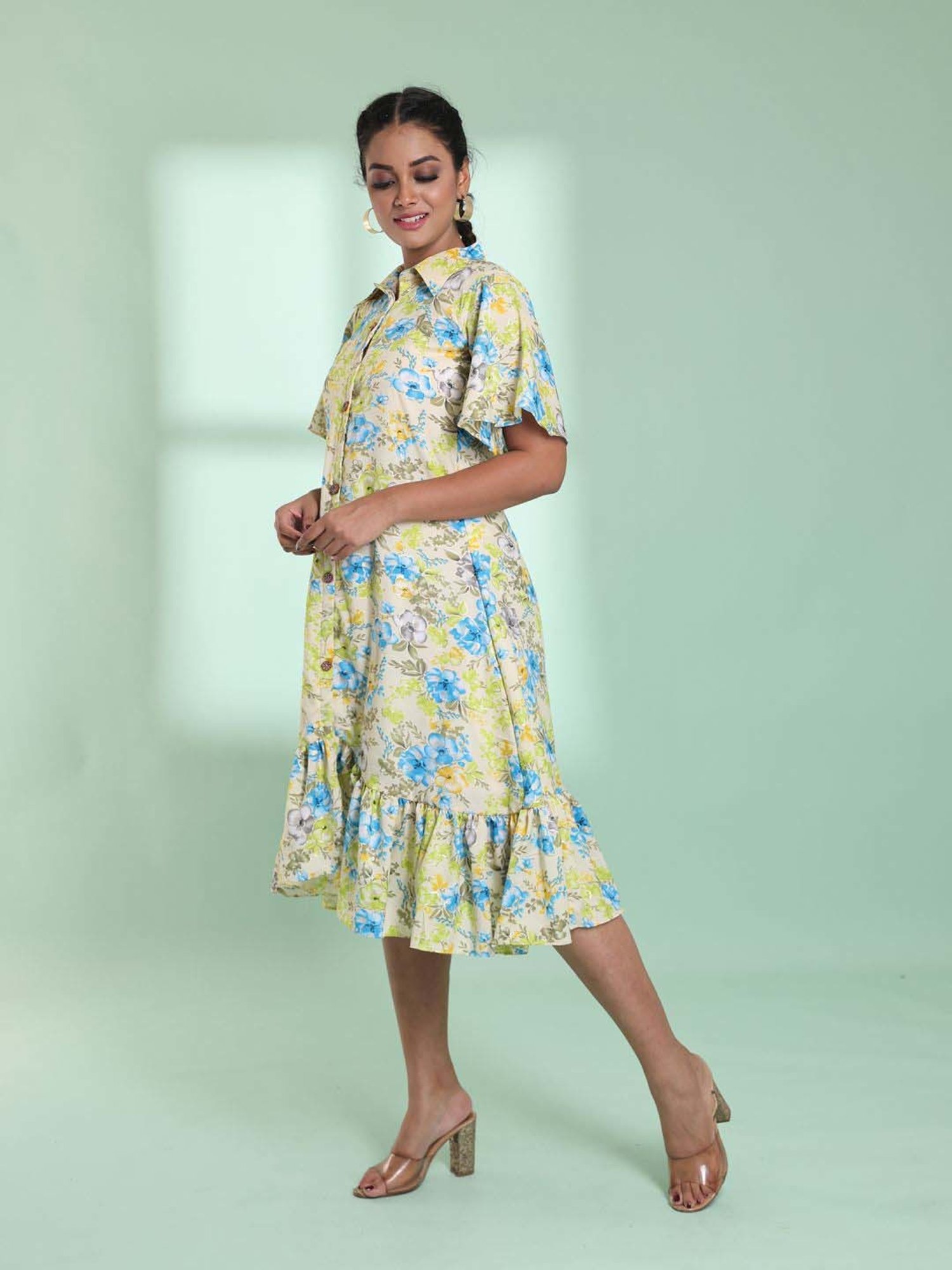 CHARUKRITI Beige Printed A-Line Dress