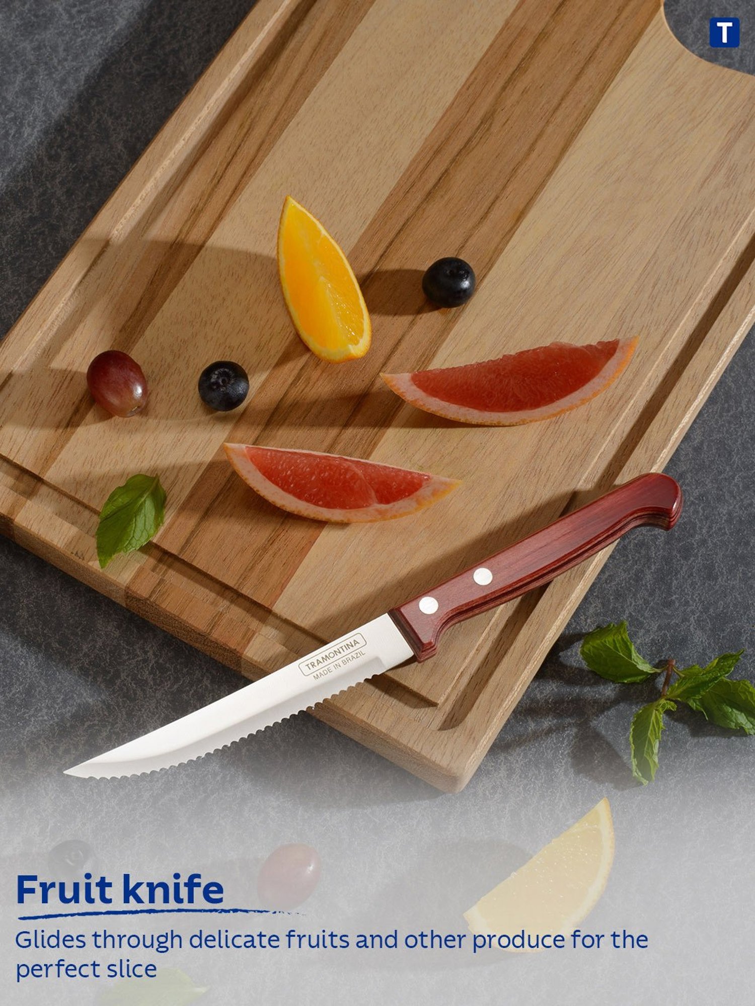 Tramontina Polywood Stainless Steel Fruit Knife 4" Serrated Edge Polywood Handle Kitchen Knife