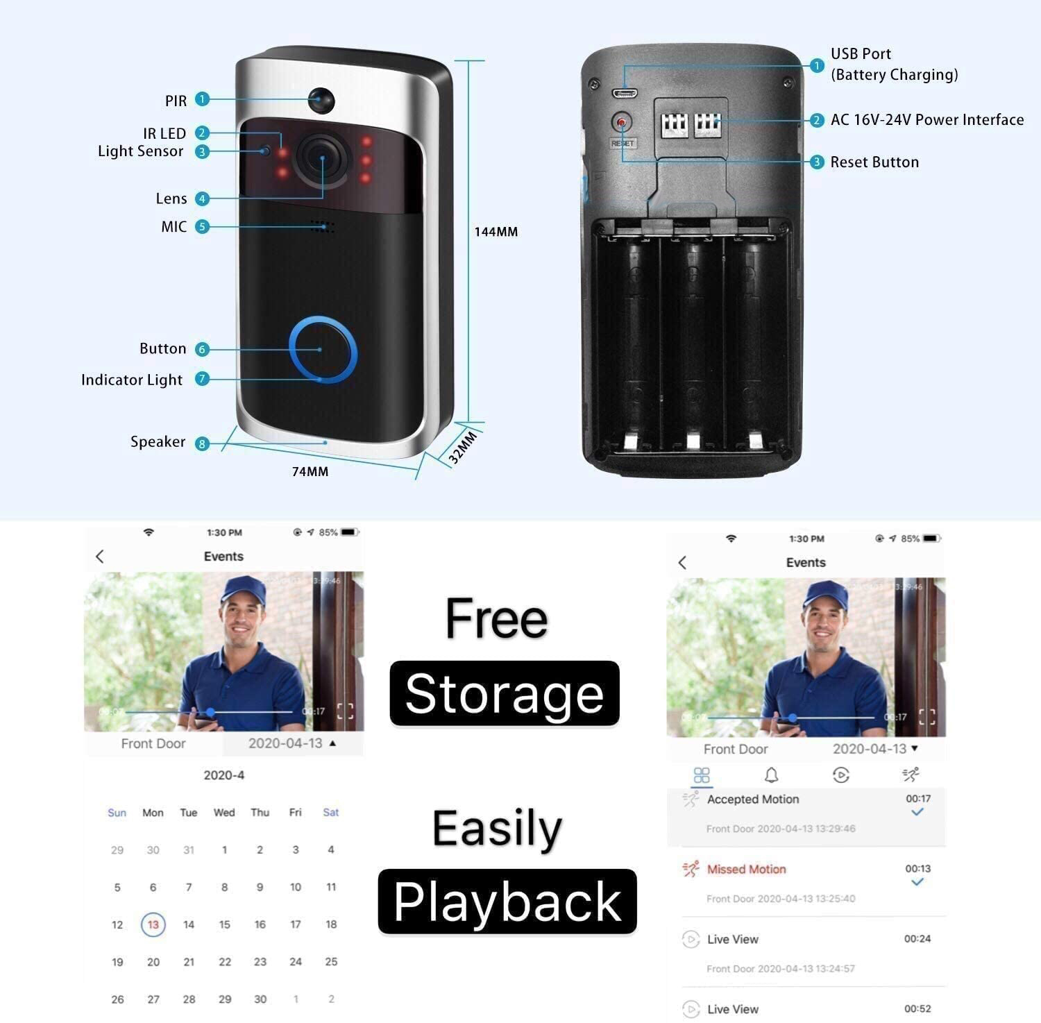 Video Doorbell Camera (2021 Upgraded), Wi-Fi with Smart PIR Motion Detection, Wide Angle, Night Vision, Real-Time Notification, Two-Way Talk, is Included (Doorbell & Chime)