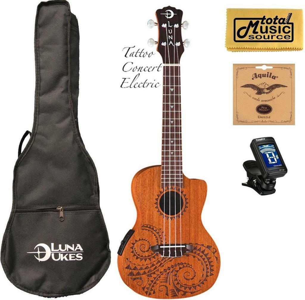 Luna Concert Tattoo Ukulele - UKE TEC MAH - Acoustic/Electric Onboard Preamp,, U