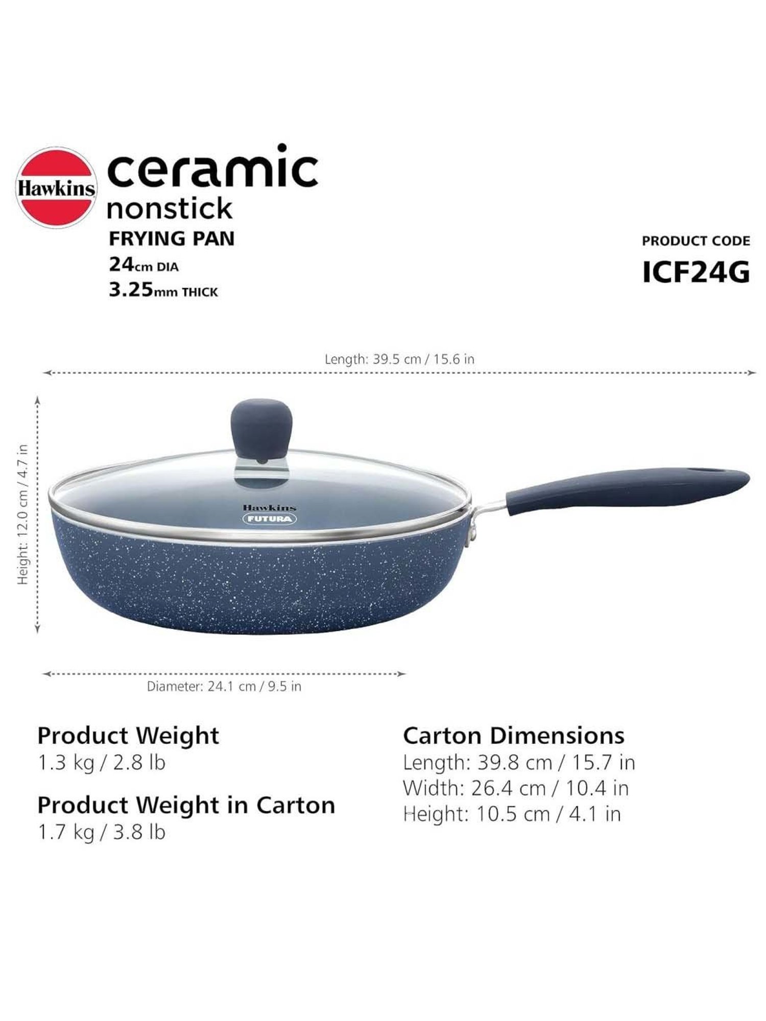 Hawkins Ceramic Nonstick Frying with Glass Lid Fry Pan 23 cm diameter with Lid 2 L capacity