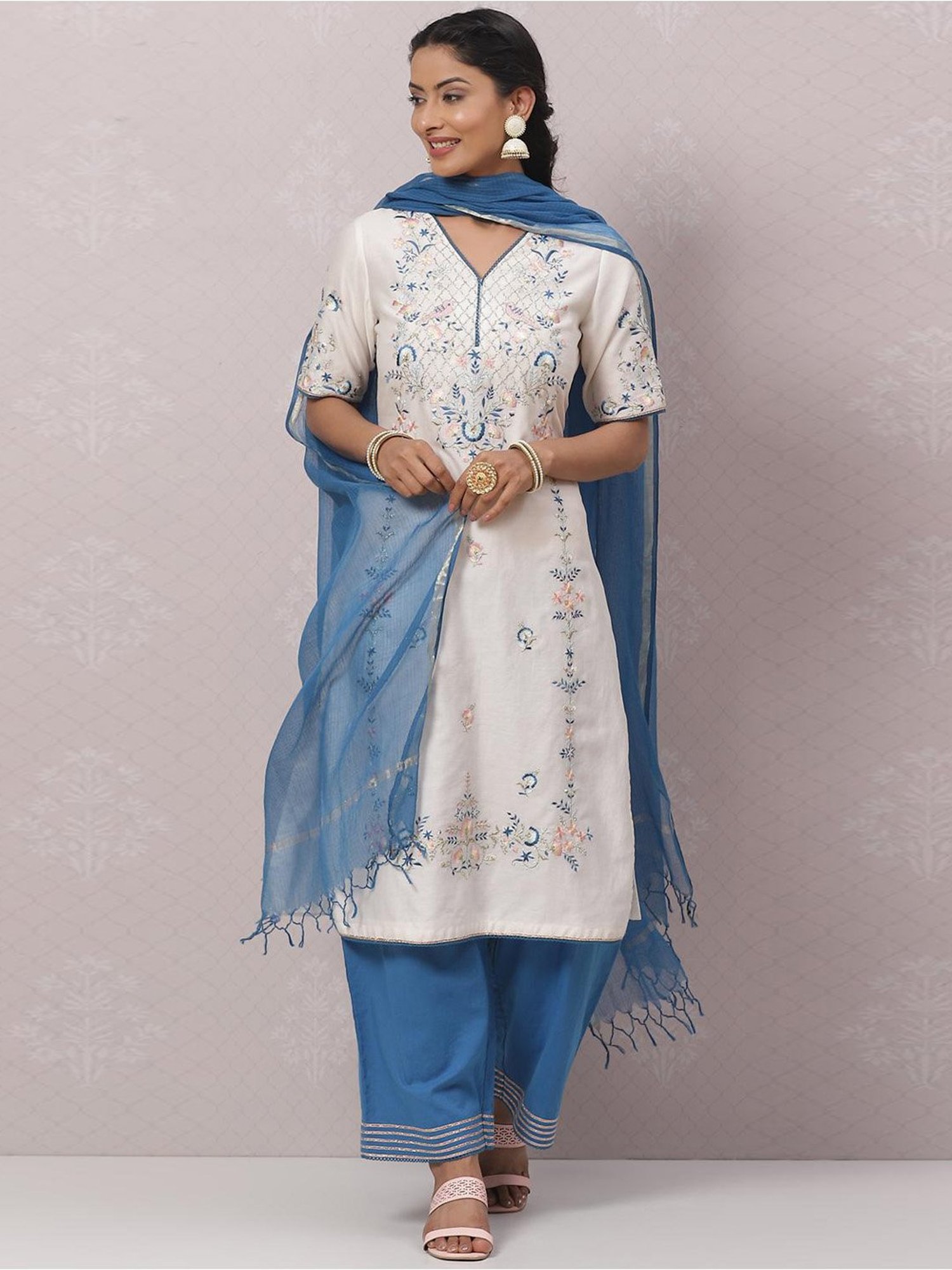 Biba White & Blue Embroidered Kurta Palazzo Set With Dupatta