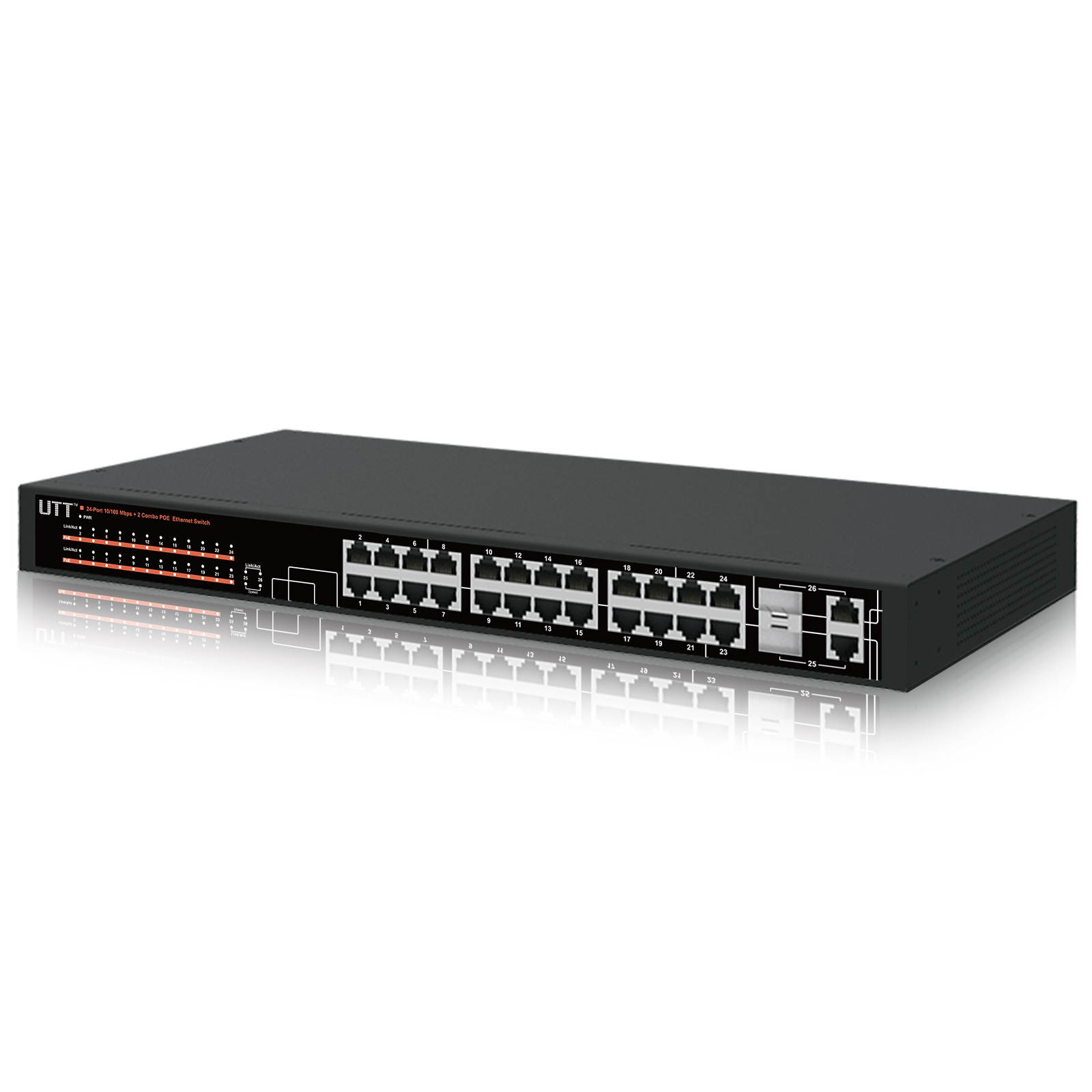 UTT S1242P 24-Port Unmanaged Fast Ethernet PoE Switch, 24 PoE Ports 260W, 802.3af/at, Additional 2-Combo Ports Gigabit for Uplinks, Ideal for IP Cameras