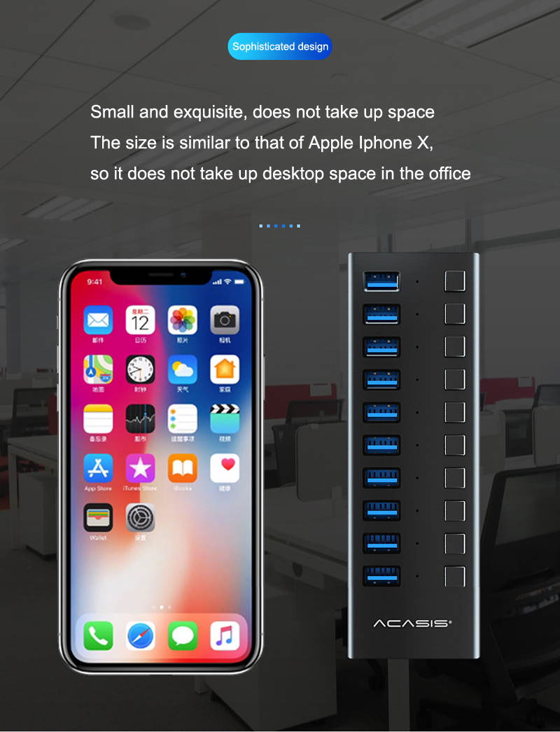 Acasis Multi USB 3.0 Hub 10 ports High Speed With ON OFF Switch Adapter Splitter USB Expander Computer Accessories