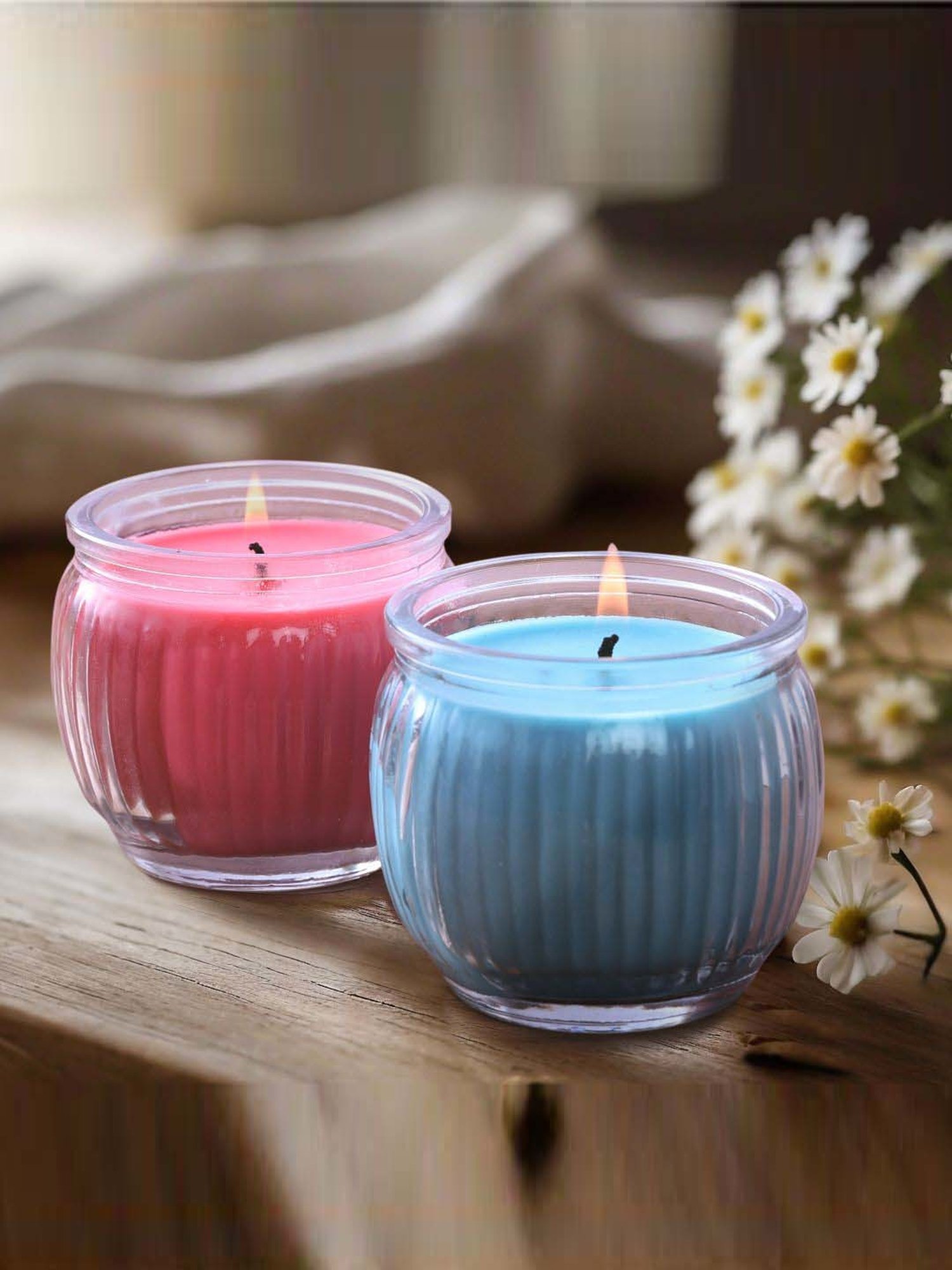 IRIS Multicolour Home Fragrances Cool Blue And Damask Rose Swirl Jar Candles - Set of 2