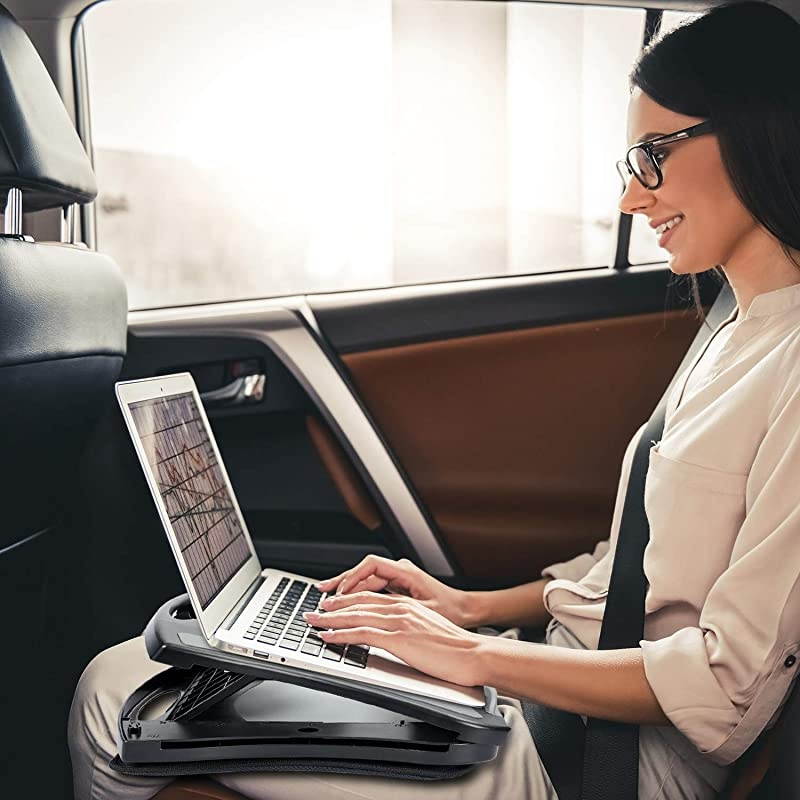 Adjustable Lap Desk with Cooling Fan, Fits 15.6 Inch Laptops, Comfortable Laptop Desk Stand with 5 Adjustable Angles, Detachable Mouse Pad & Mesh Cushion Base