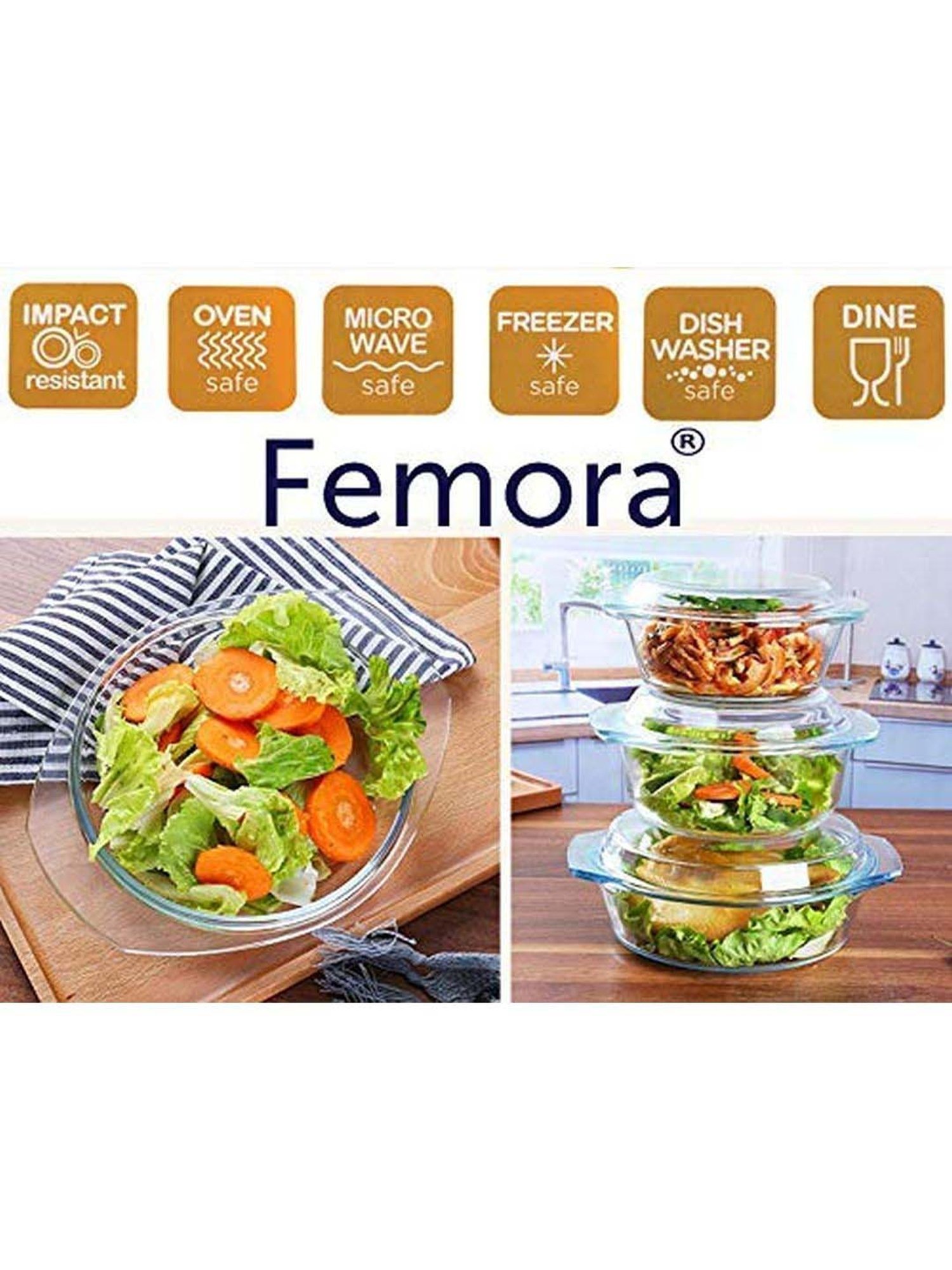 Femora Borosilicate Glass Microwave Safe Serveware Set (1650 ml & 1000 ml) - Set of 4