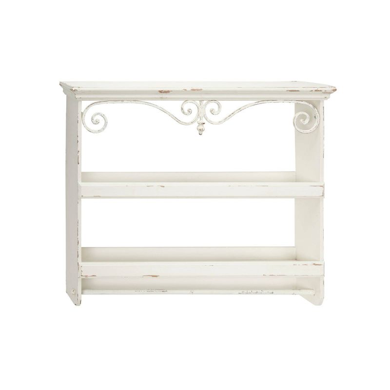 33" x 28" Rectangular Distressed White Wood Wall Shelf with 2 Shelves Towel Rack and Iron Scrollwork - Olivia & May