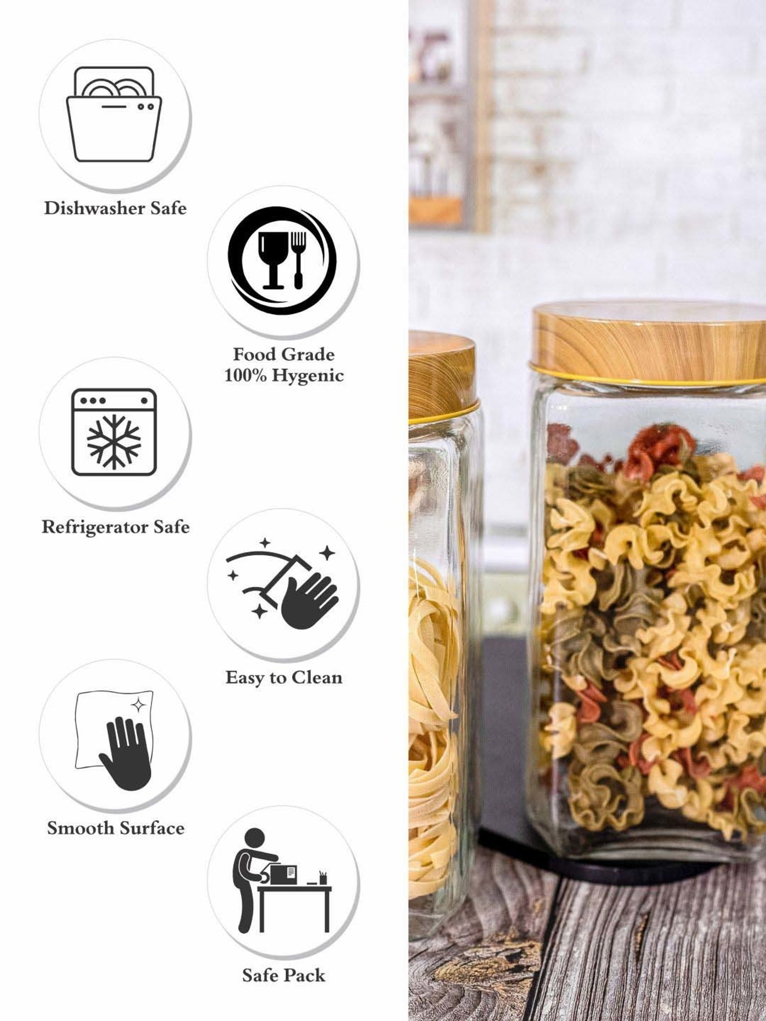 White Gold Transparent & Brown Glass Airtight Canister Jars With Bamboo Lid (2.25 L) - Set of 2