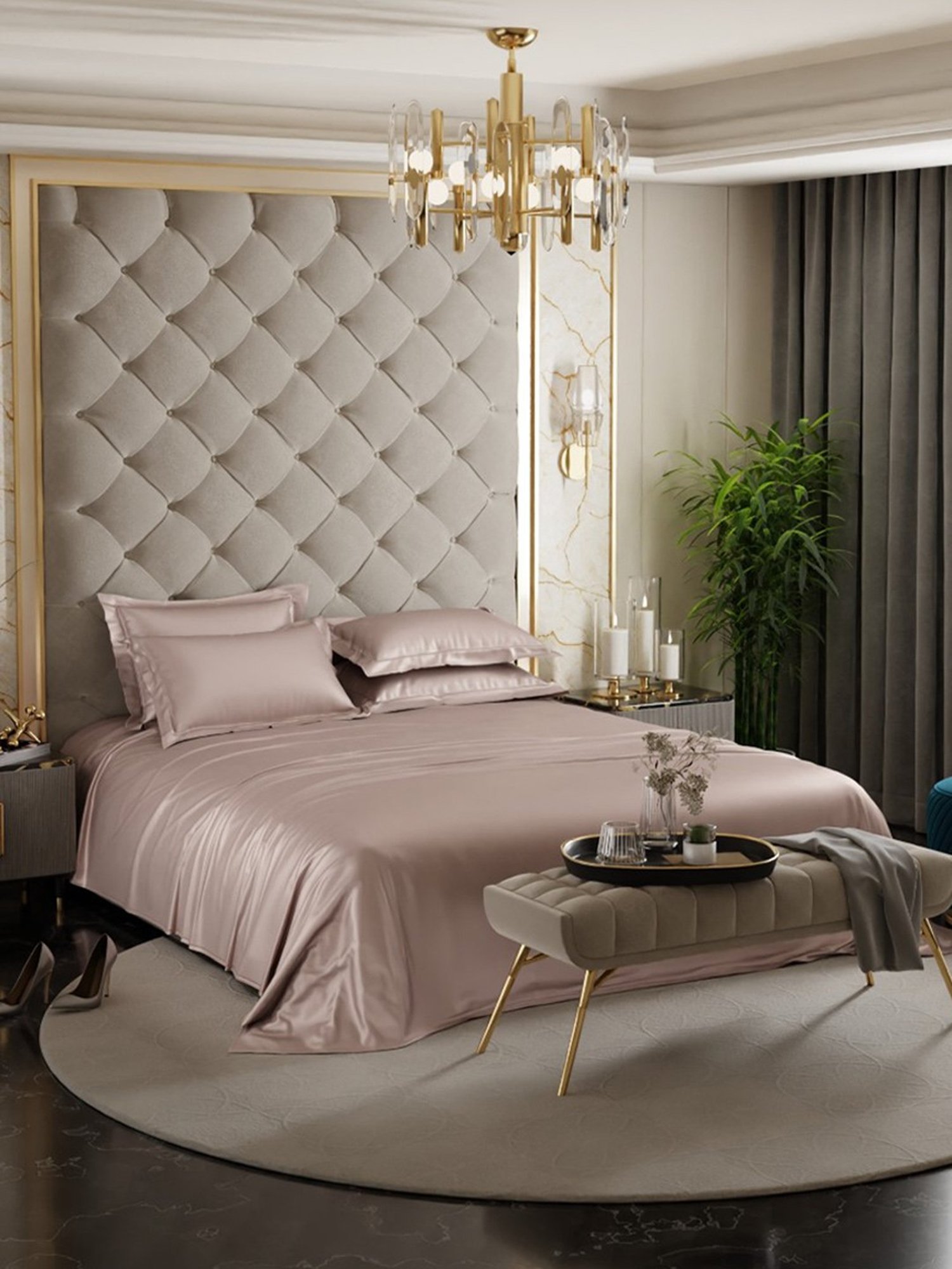 Stoa Paris Date Night Champagne Collection 300 TC Sateen Super King Bed Sheet with 4 Pillow Covers