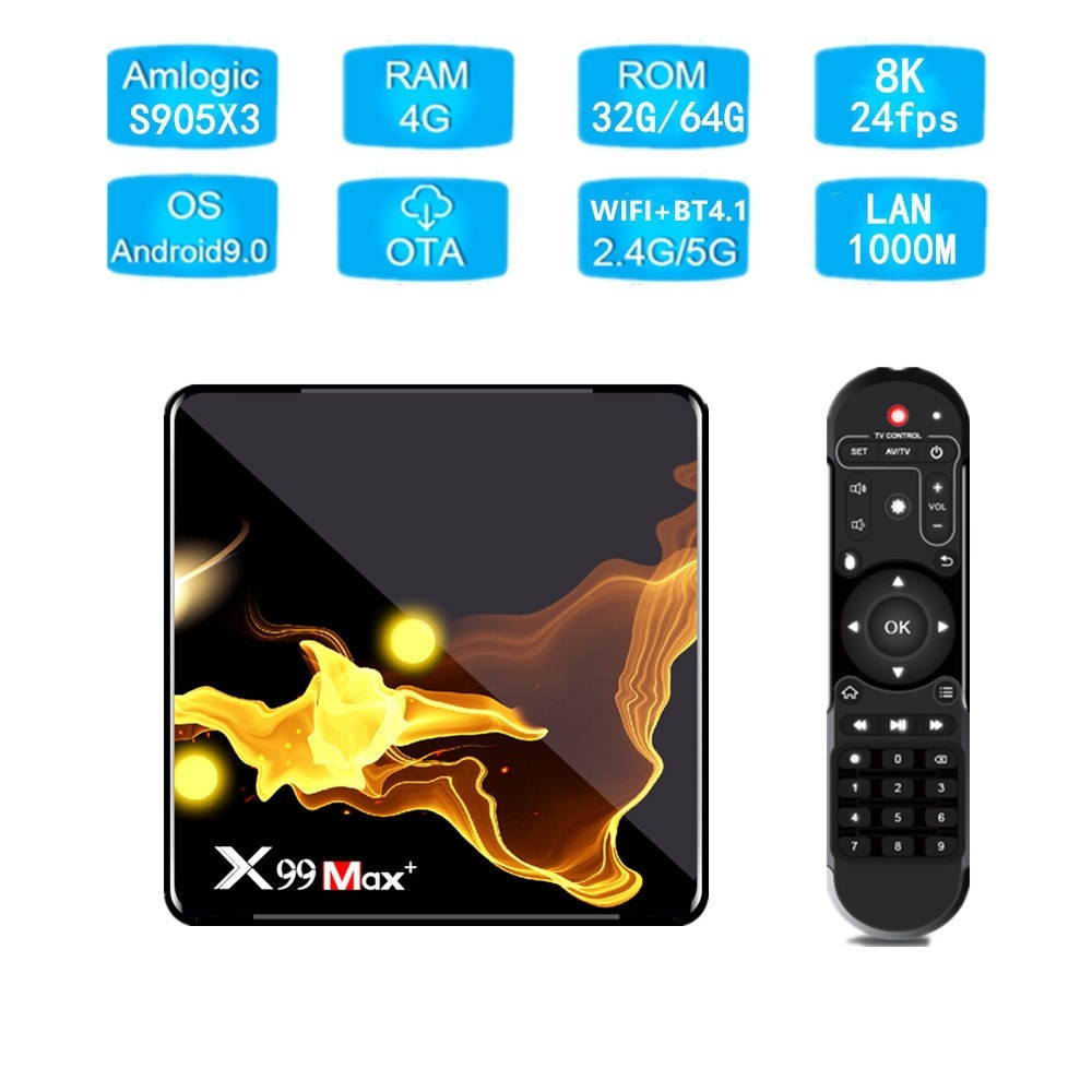 X99 Max+ 8K Smart TV Box, Android 9.0, Amlogic S905X3 Quad-Core Cortex-A55,4GB+32GB, Support LAN,