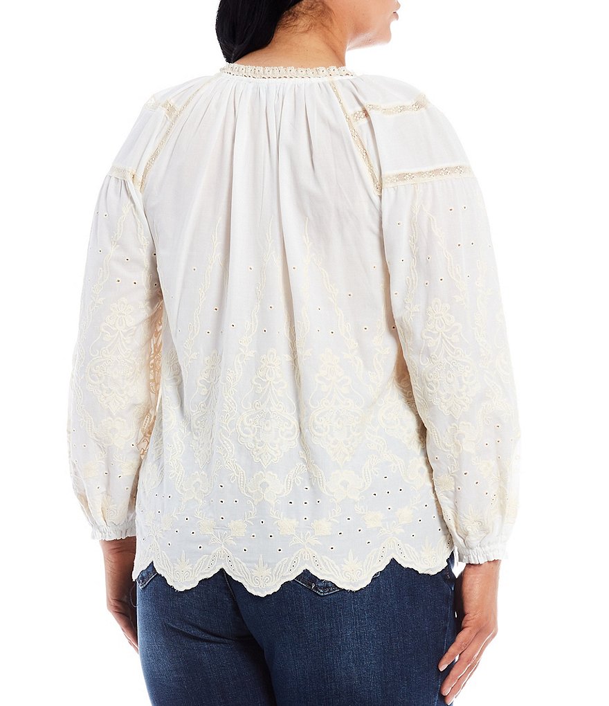 Democracy Plus Size Embroidered Crochet Splicing Placement Split Round Neck Blouson Long Sleeve Top