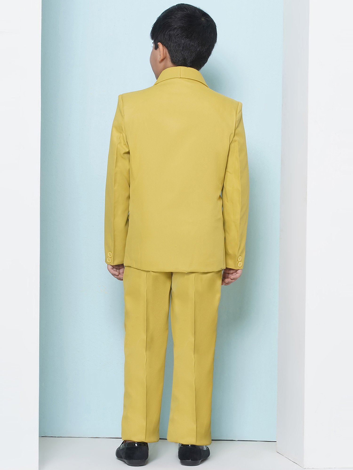 AJ Dezines Kids Mustard & Black Solid Full Sleeves Shirt, Pants, Coat, Waistcoat with Tie