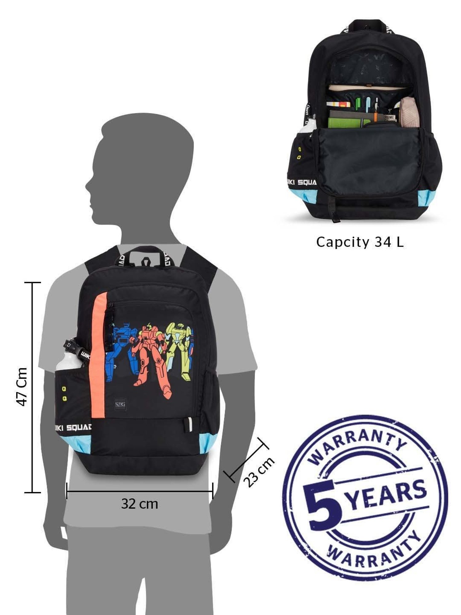 Wiki 34 Ltrs Black Medium Backpack