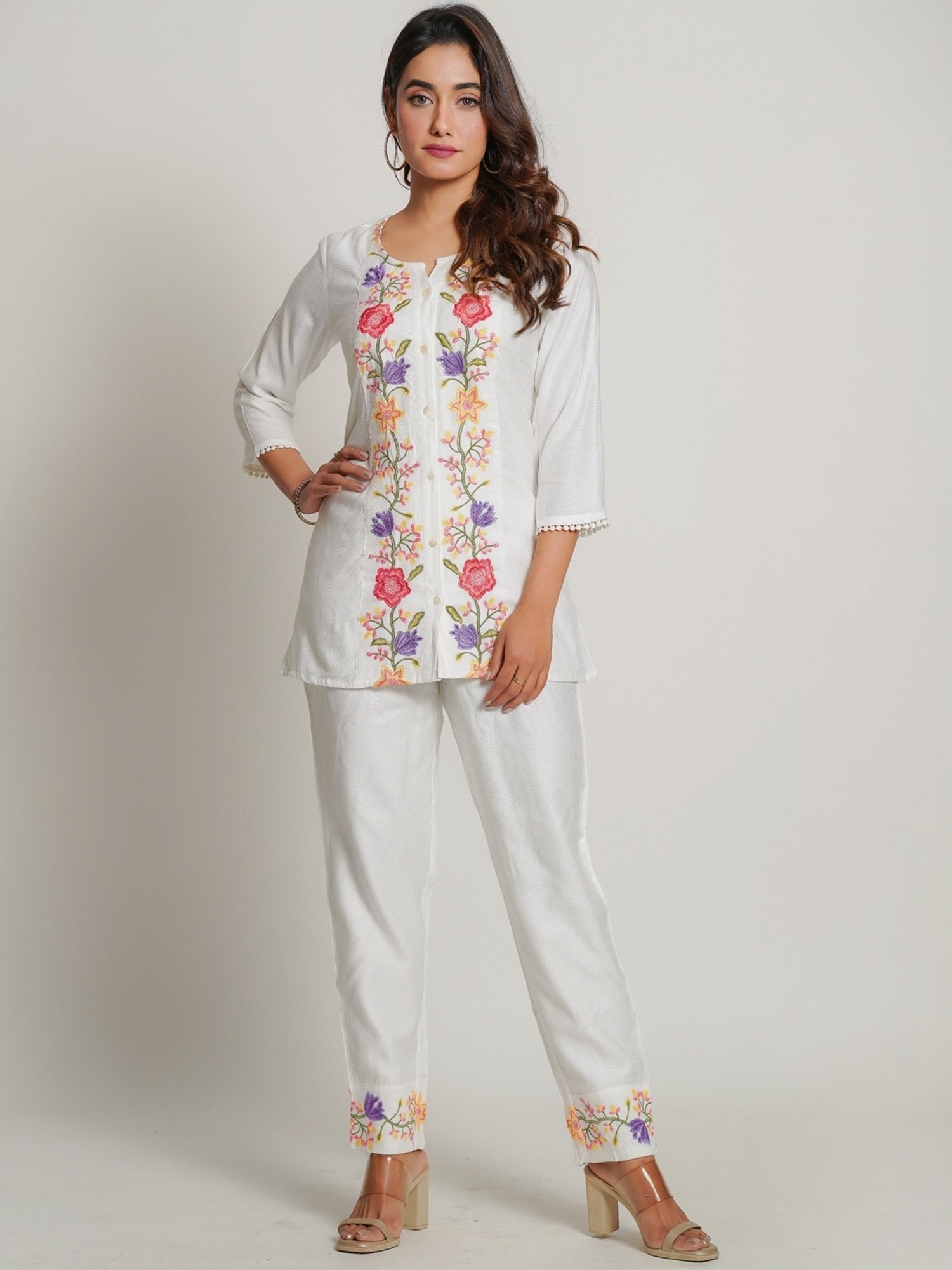 Zolo Label White Cotton Embroidered Shirt Pant Set