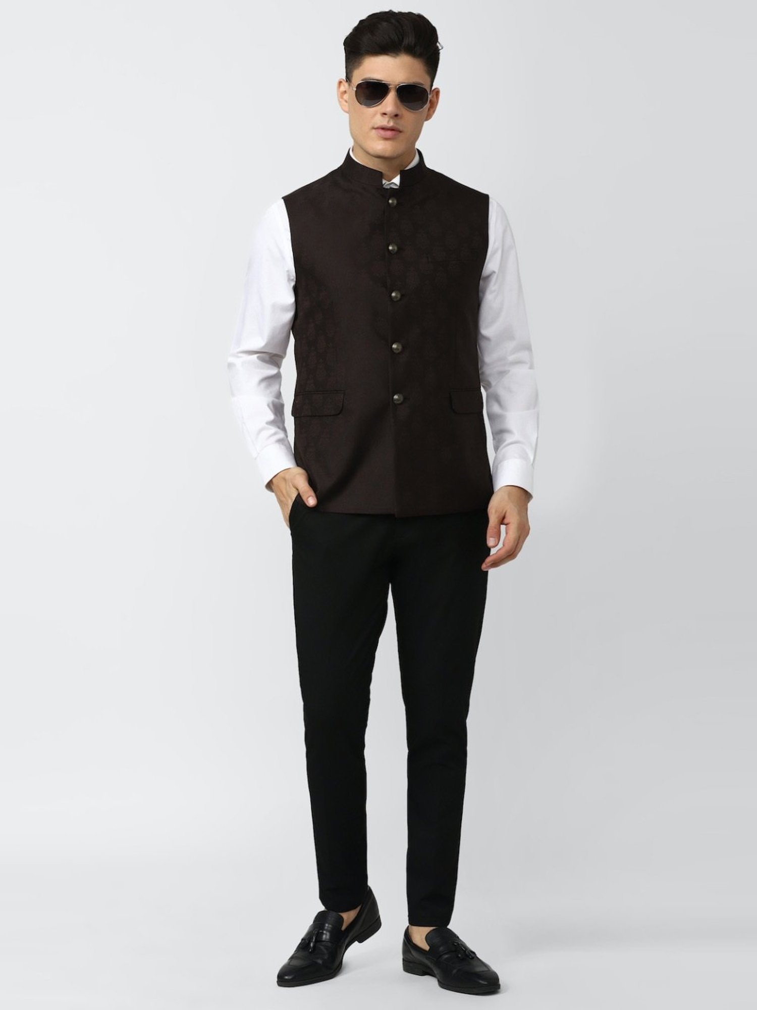 V Dot Brown Slim Fit Printed Nehru Jacket