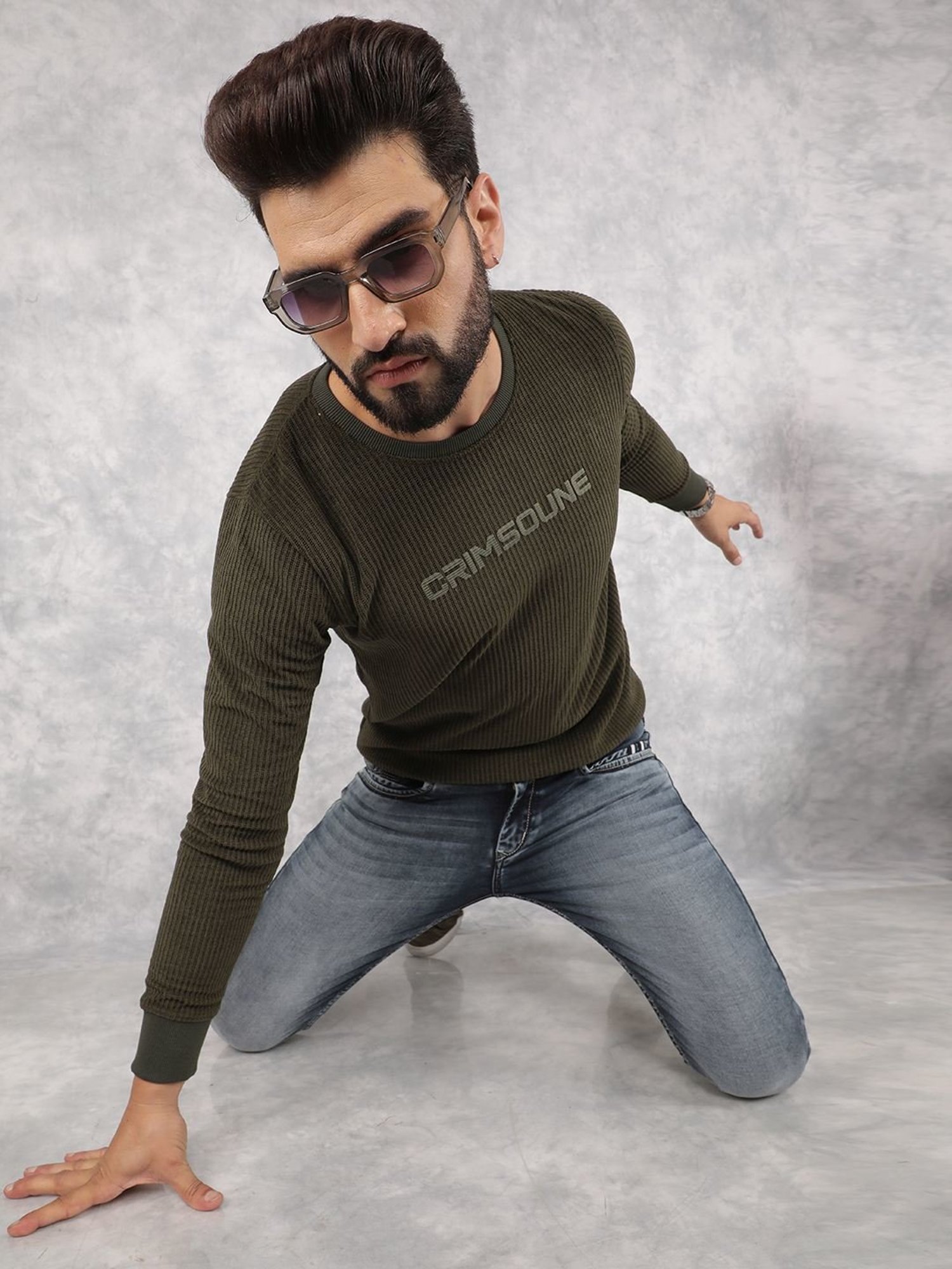 Crimsoune Club Olive Regular Fit Logo Printed Sweatshirt