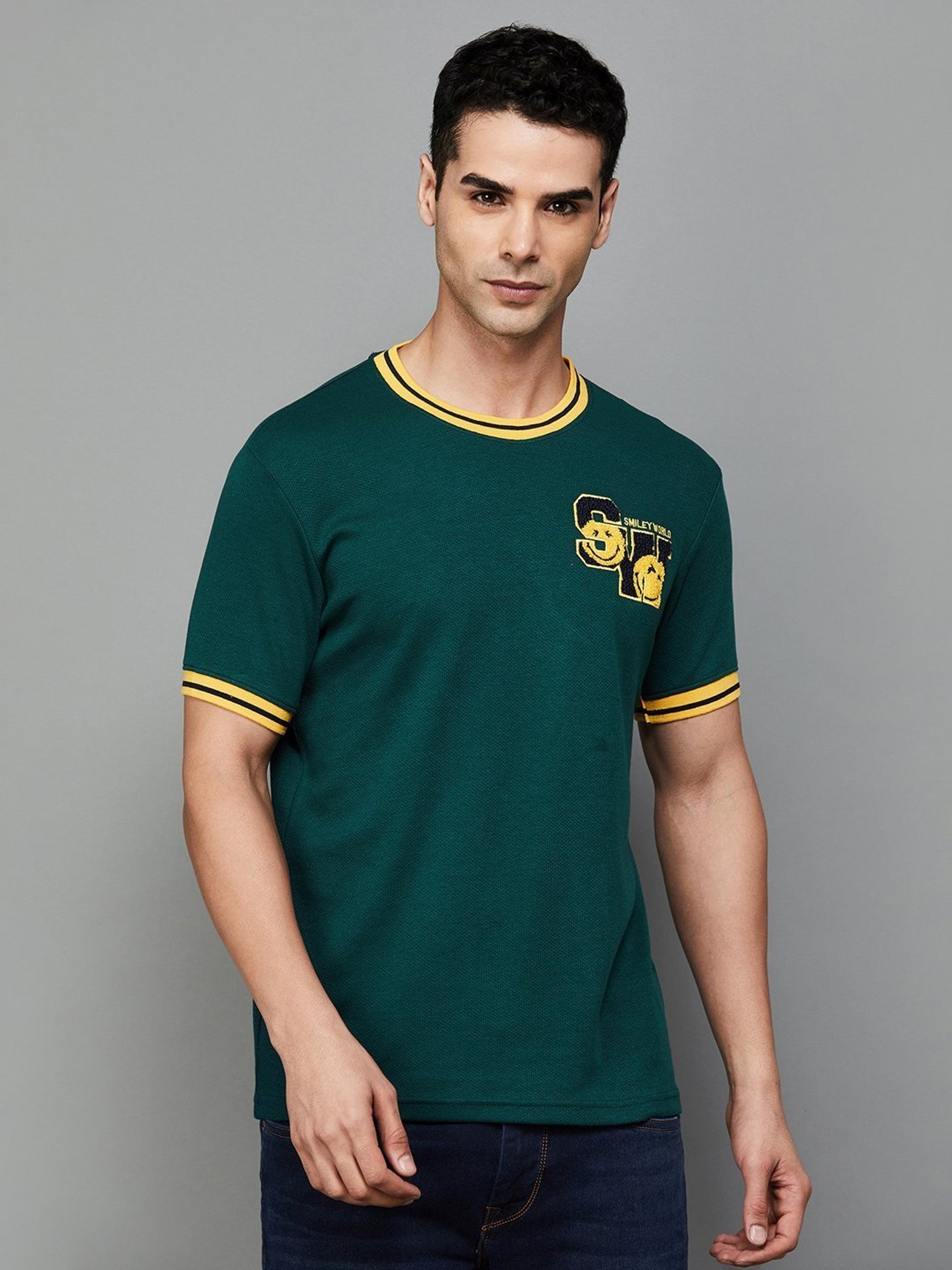 SmileyWorld Olive Cotton Regular Fit Printed T-Shirt