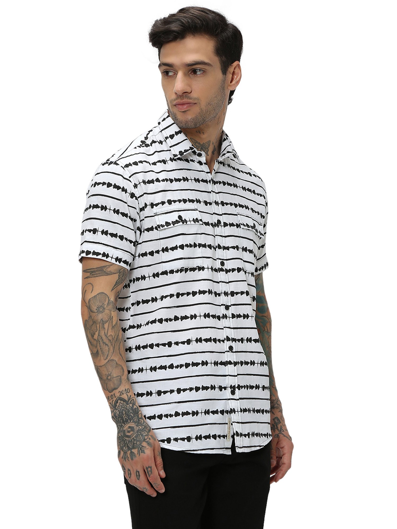 Mufti White Slim Fit Striped Cotton Shirt