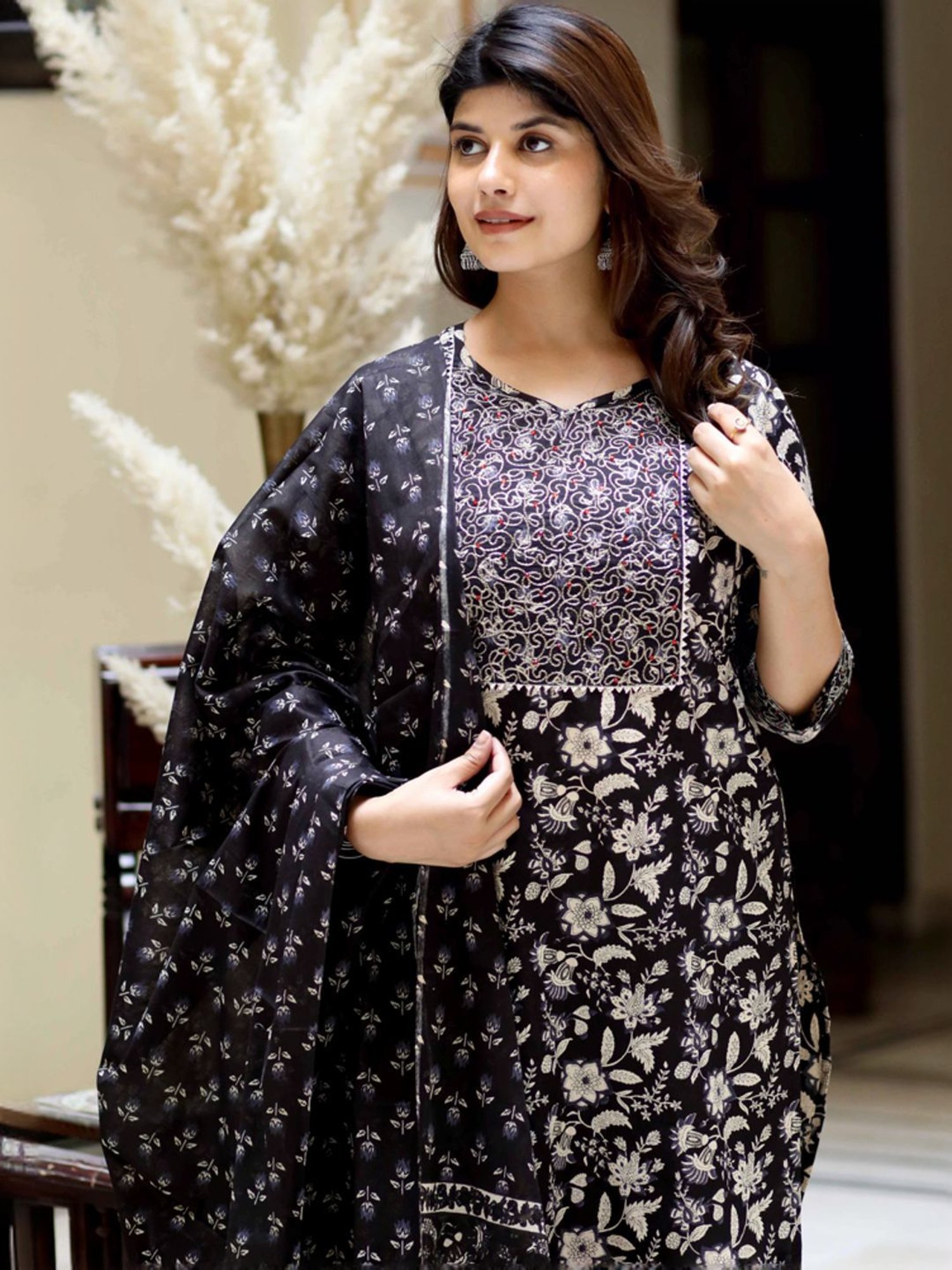Miravan Black Cotton Embroidered Kurta Palazzo Set With Dupatta