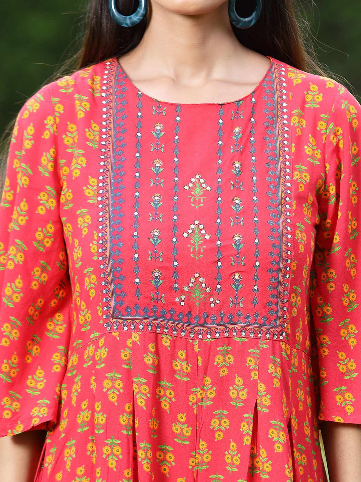 Juniper Coral Ethnic Motif Printed Rayon Flared Jumpsuit