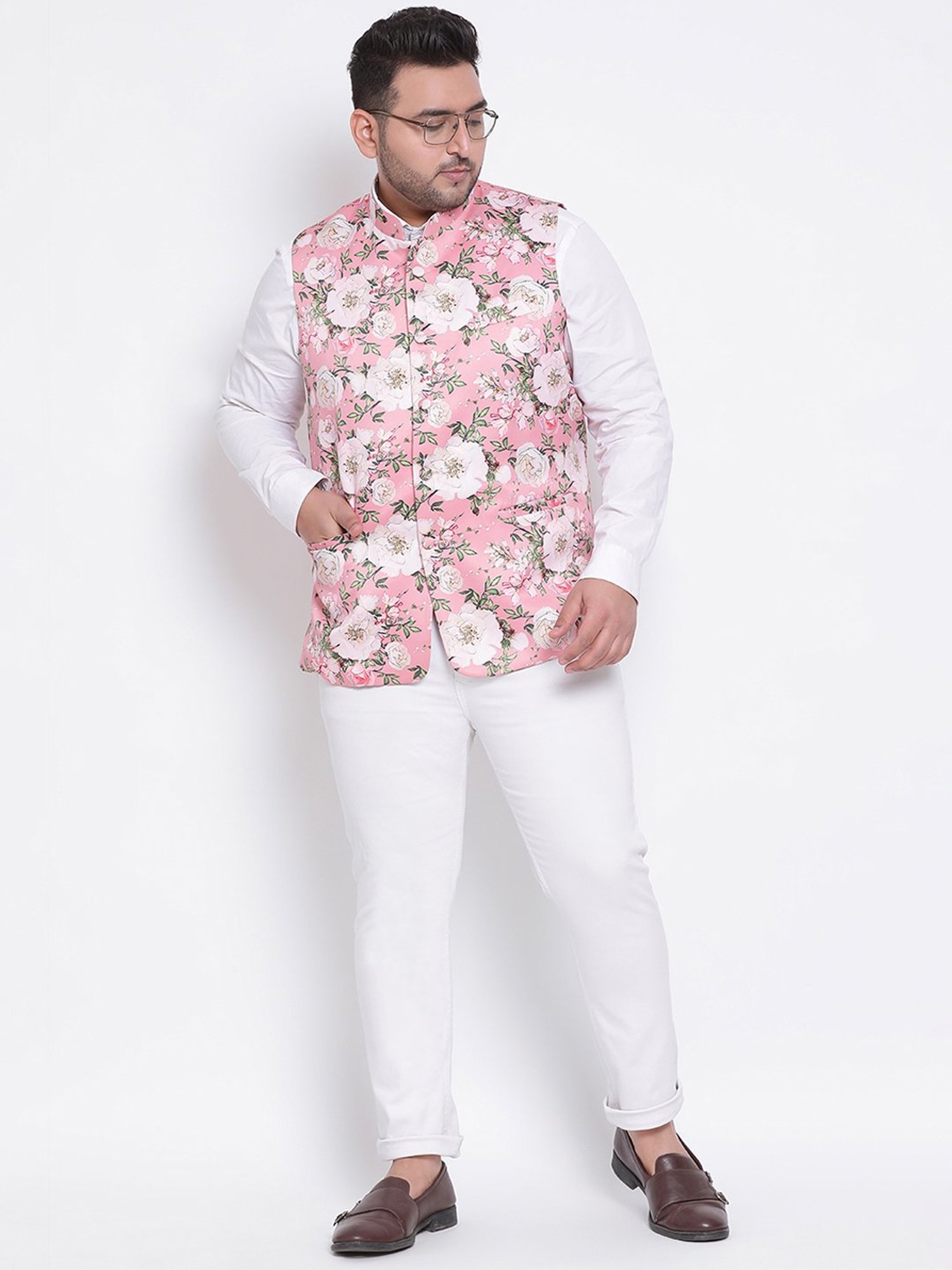 Hangup Plus Pink Regular Fit Floral Print Plus Size Nehru Jacket