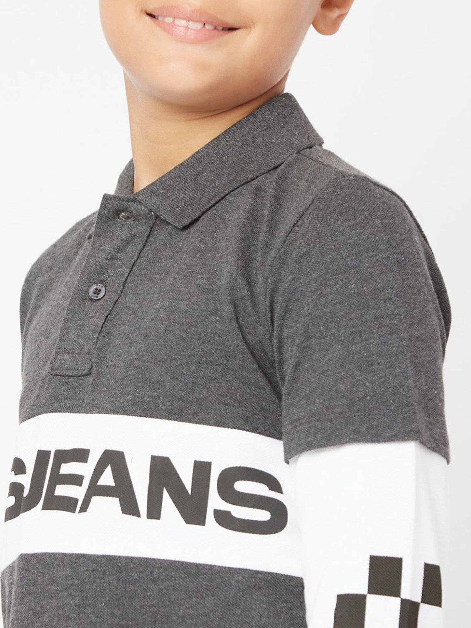 GAS Boys Grey & White Cotton Color Block Full Sleeves Polo T-Shirt