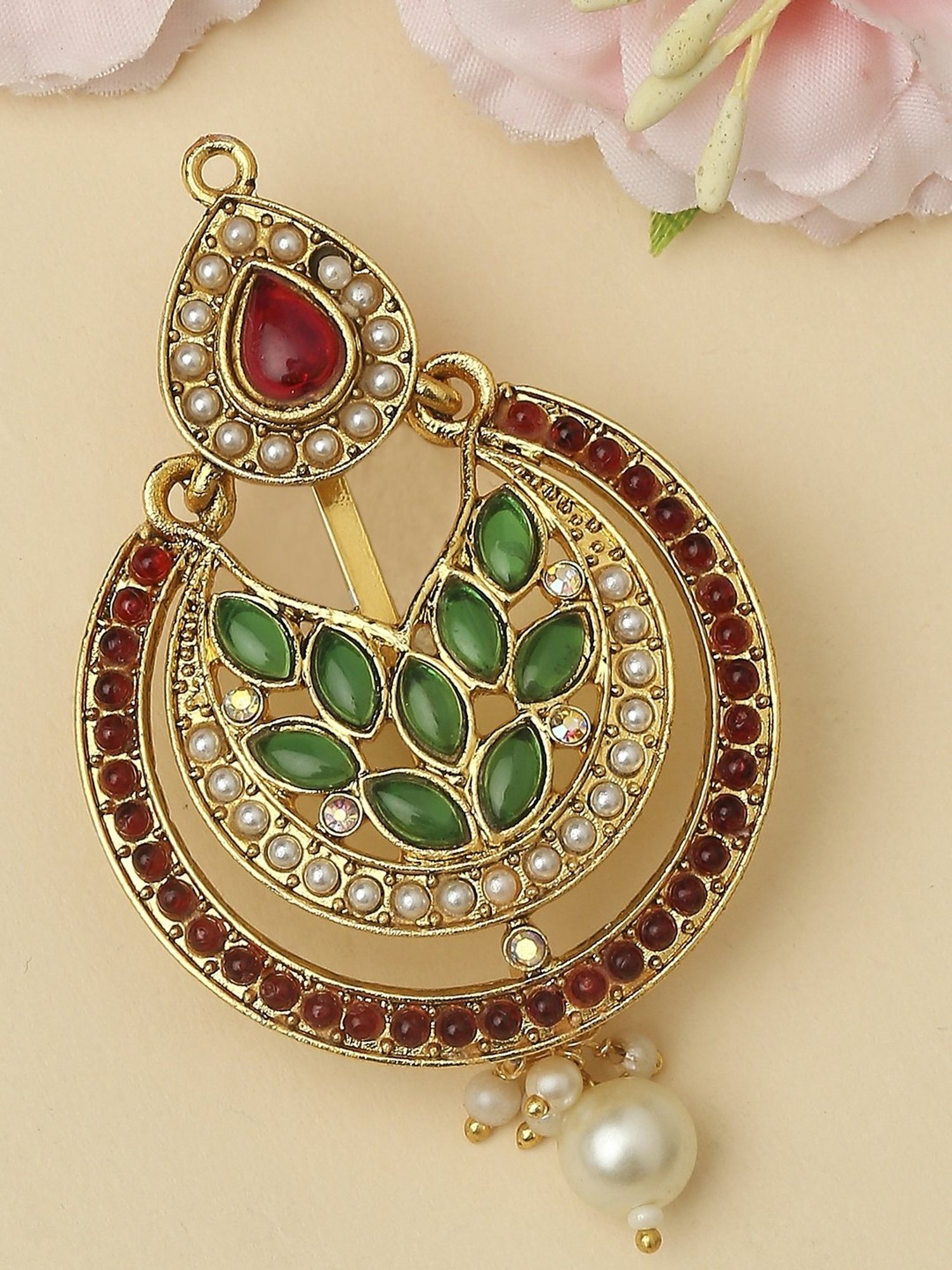 OOMPH Maroon & Green Kemp Stones Ethnic Chandbali Style Hair Bun Pin Juda Pin