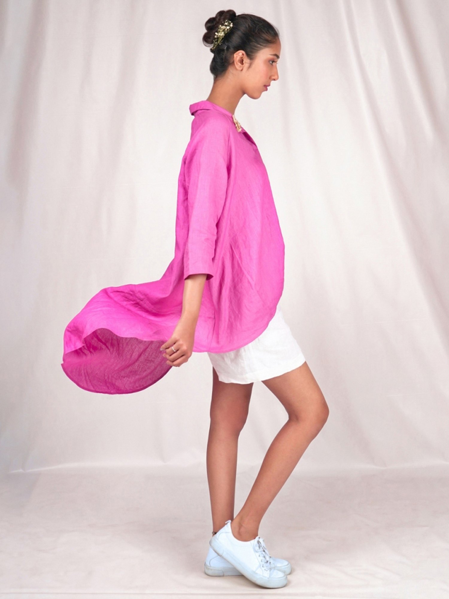 Seesa Pink Spring Summer Asymmetrical Overshirt With Embroidery Details