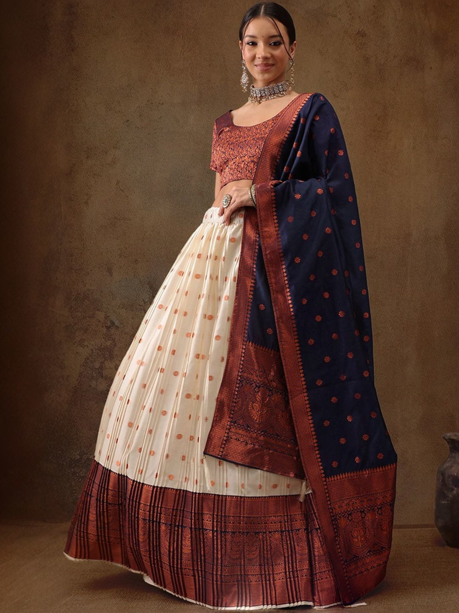 Silk Land Beige & Navy Woven Pattern Semi Stitched Lehenga Choli Set With Duppata