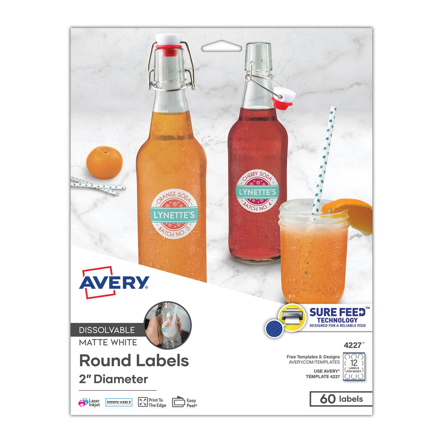 Dissolvable Labels, Sure Feed, Removable, 2", 60 Labels (4227)