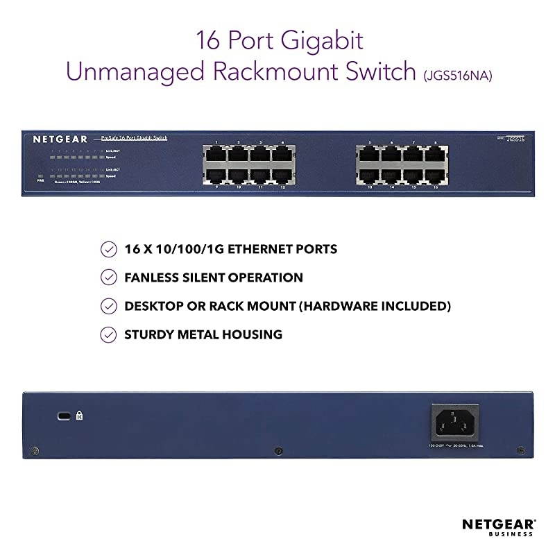 16-Port Gigabit Ethernet Unmanaged Switch (JGS516) - Desktop or Rackmount, and Limited Lifetime Protection