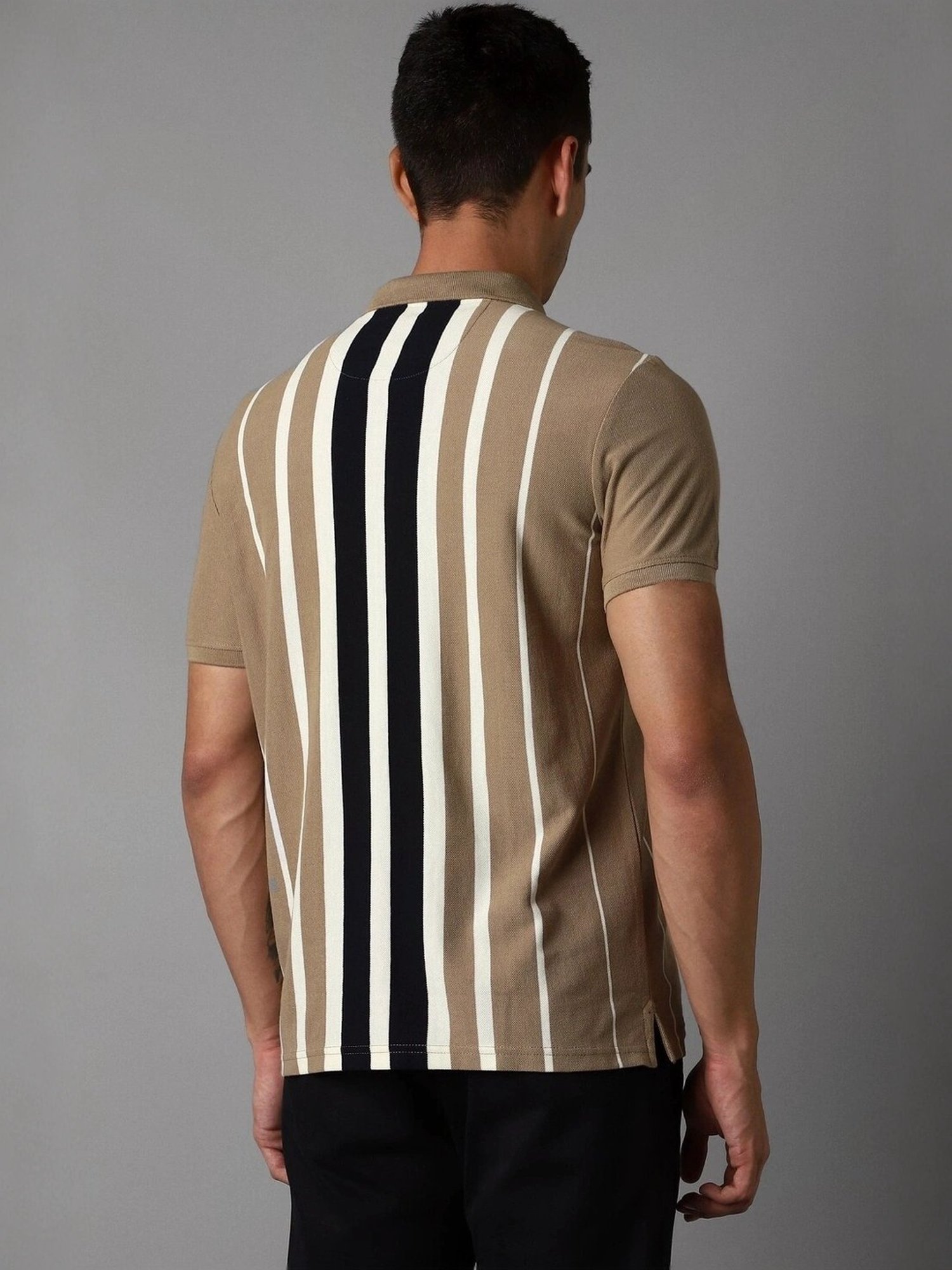 Louis Philippe Khaki Cotton Slim Fit Striped Polo T-Shirt