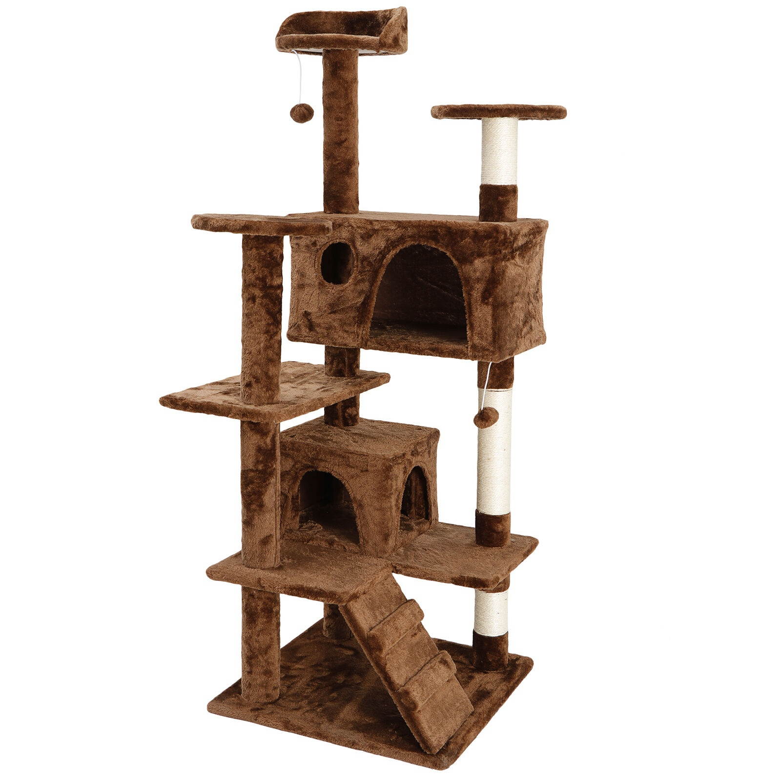 53" Brown Large Cat Tree Activity Scatch Tower Play House Plush Perch w/Ladders