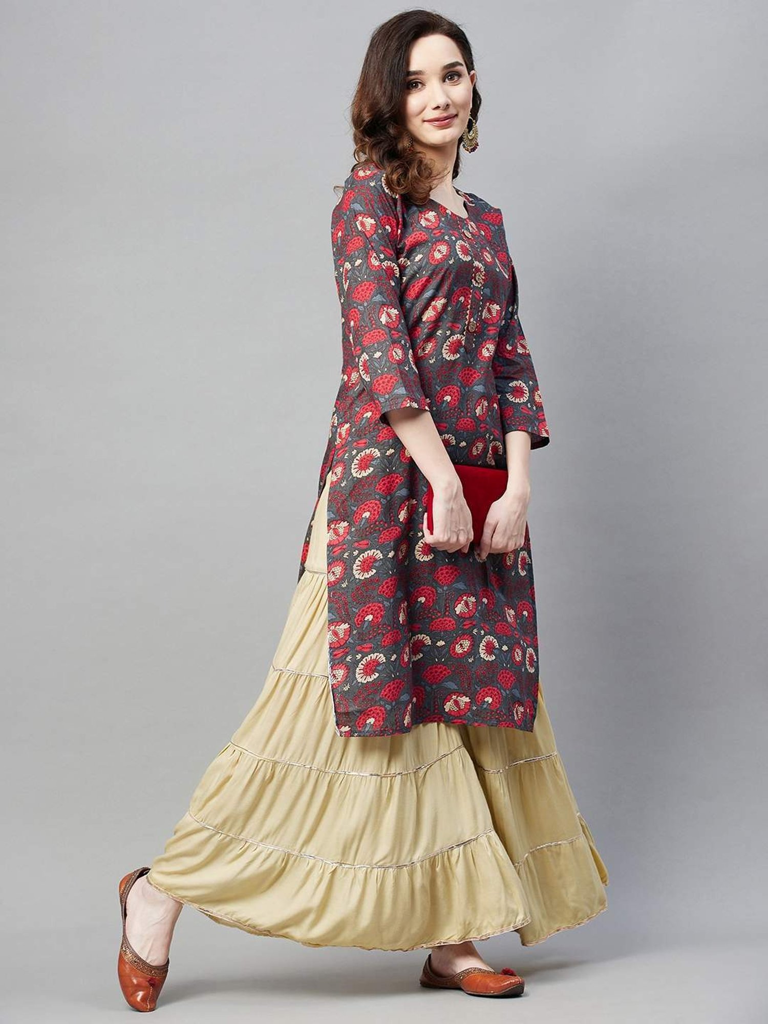 Aarika Grey Cotton Floral Print Straight Kurta