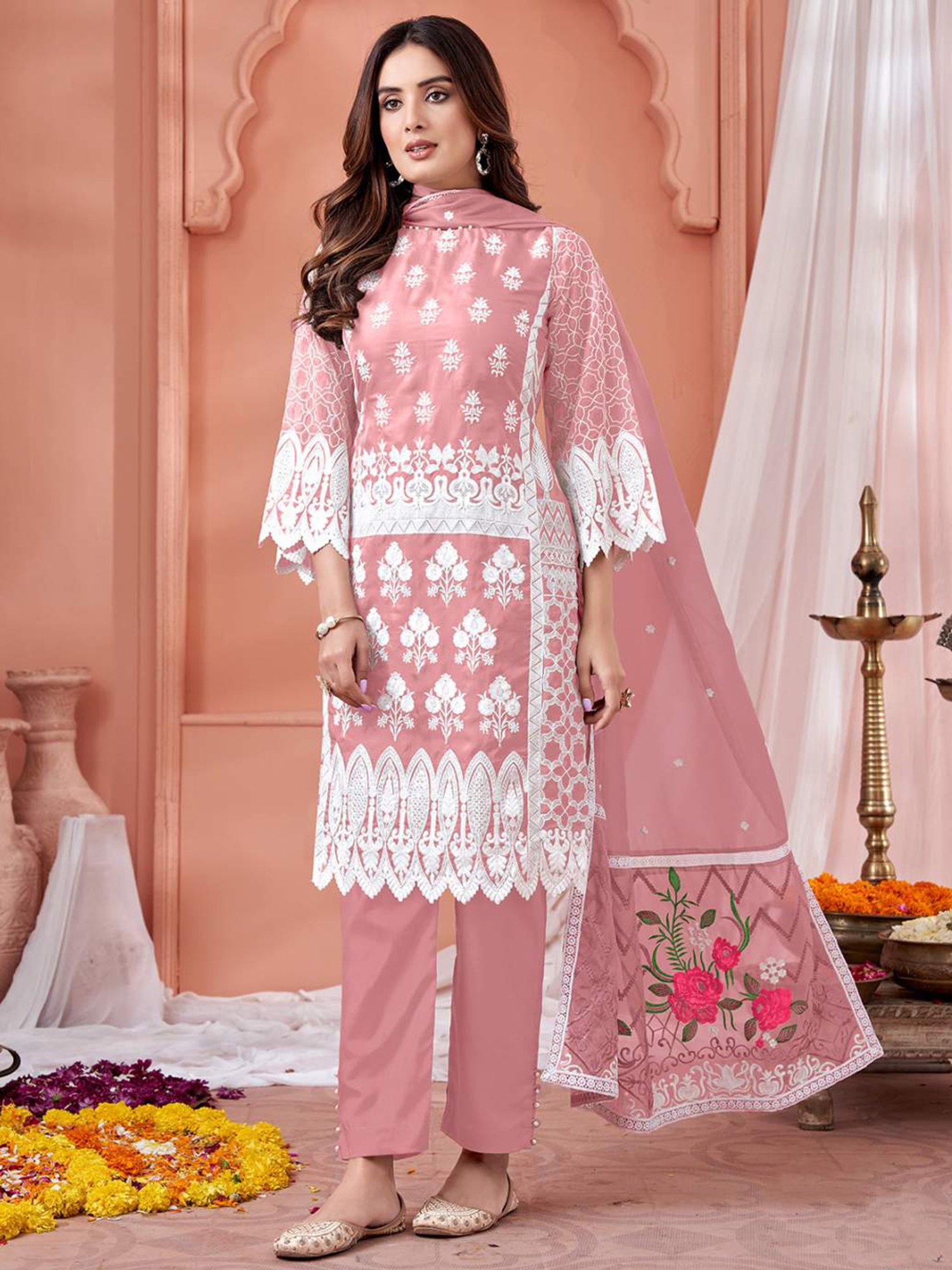 Odette Peach Embroidered Unstitched Dress Material