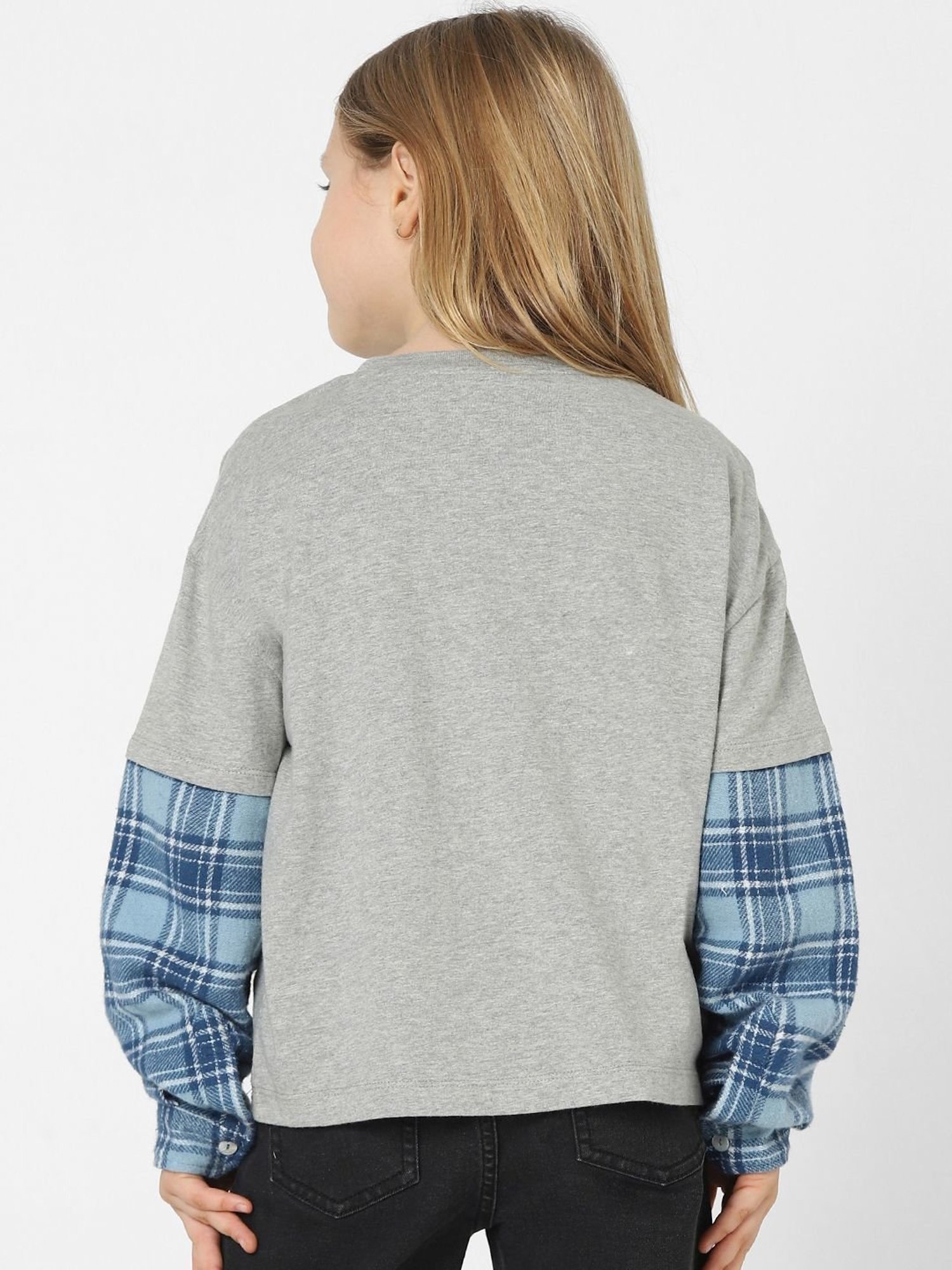 KIDS ONLY Melange Grey & Blue Cotton Printed Full Sleeves Sweatshirt