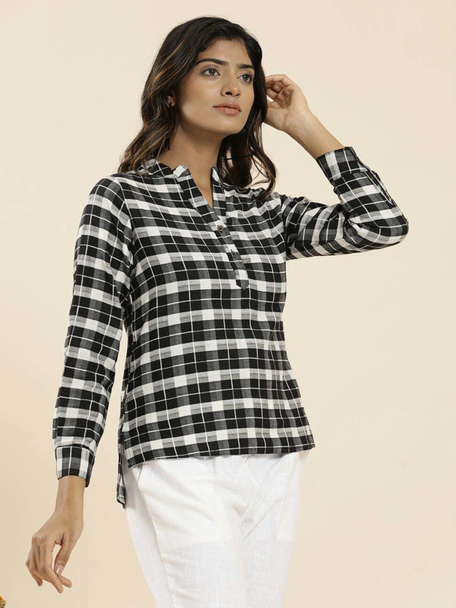 Jaipur Kurti Black Cotton Chequered Top