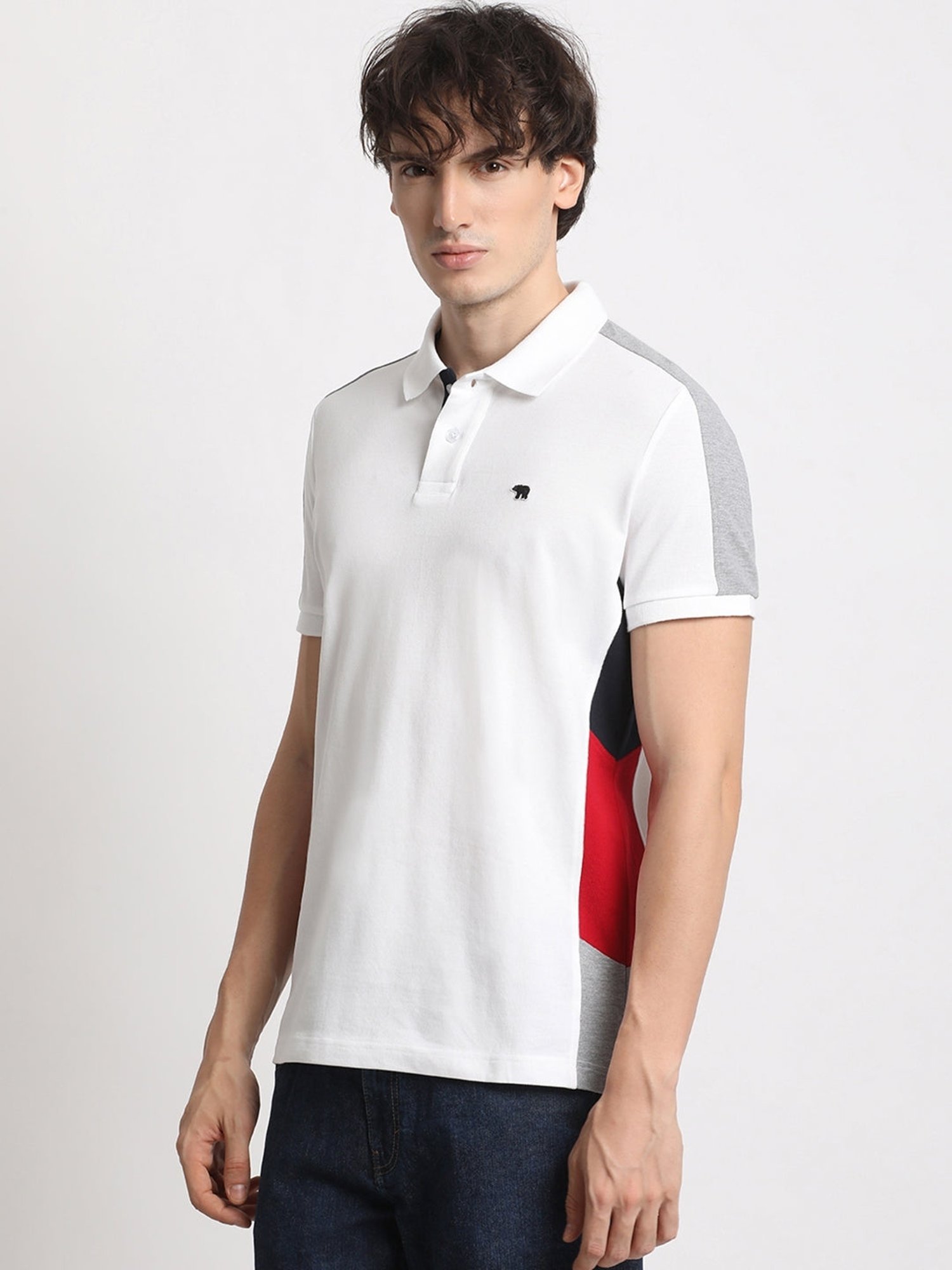 The Bear House White Cotton Slim Fit Colour Block Polo T-Shirt