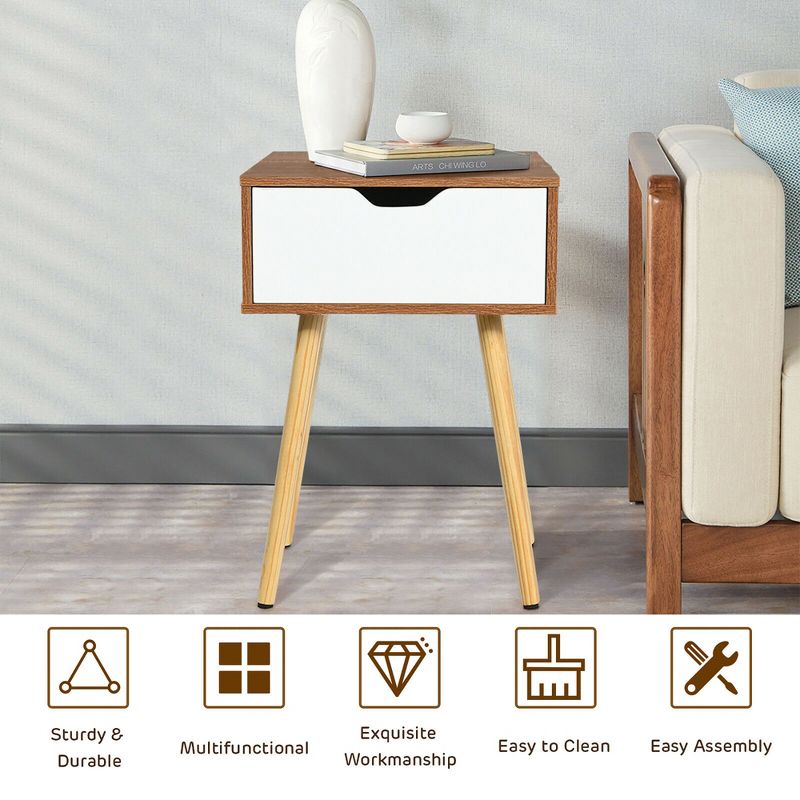 Costway Nightstand End Side Sofa Table Storage Drawer Living Room Furni W/Solid Wood Leg