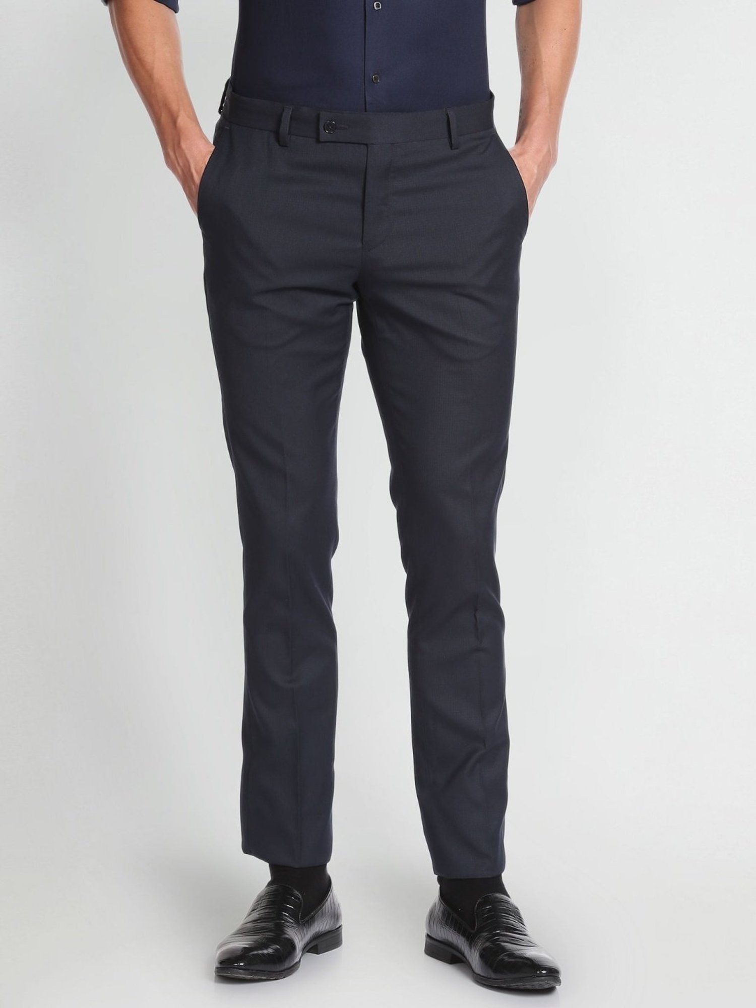 Arrow Navy Regular Fit Texture Trousers