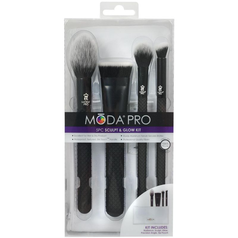 MODA Brush Pro 5pc Sculpt & Glow Black Makeup Brush Set with Zip Case, Includes - Radiance, Sculpt, Glow and Precision Angle Brushes
